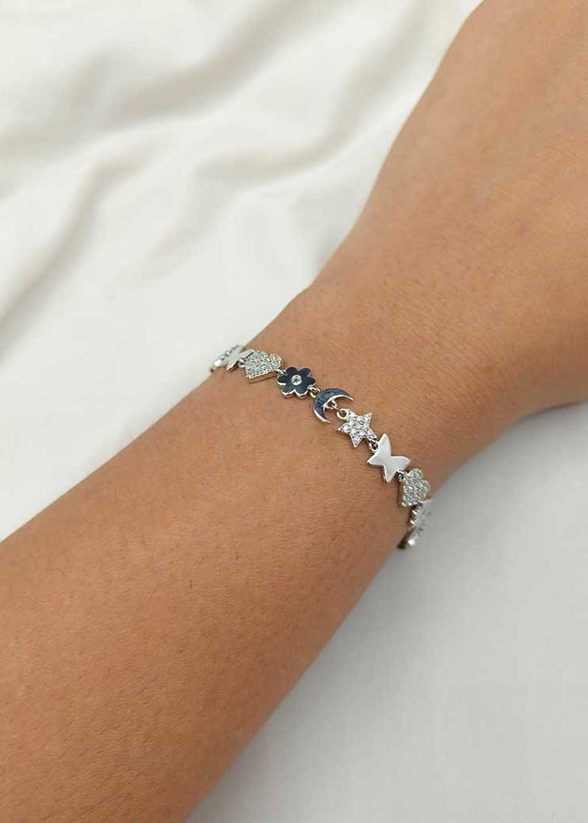 92.5 Sterling Silver Shimmering Cubic Zircon Multi Charm Adjustable Loose Bracelet