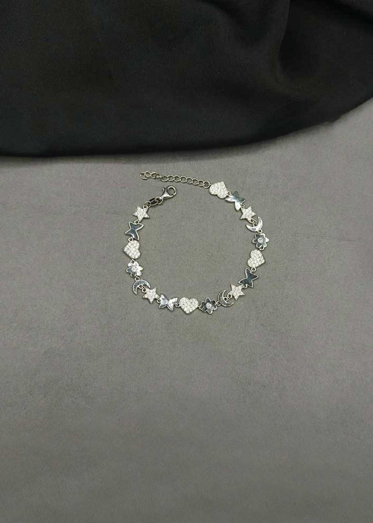 92.5 Sterling Silver Shimmering Cubic Zircon Multi Charm Adjustable Loose Bracelet