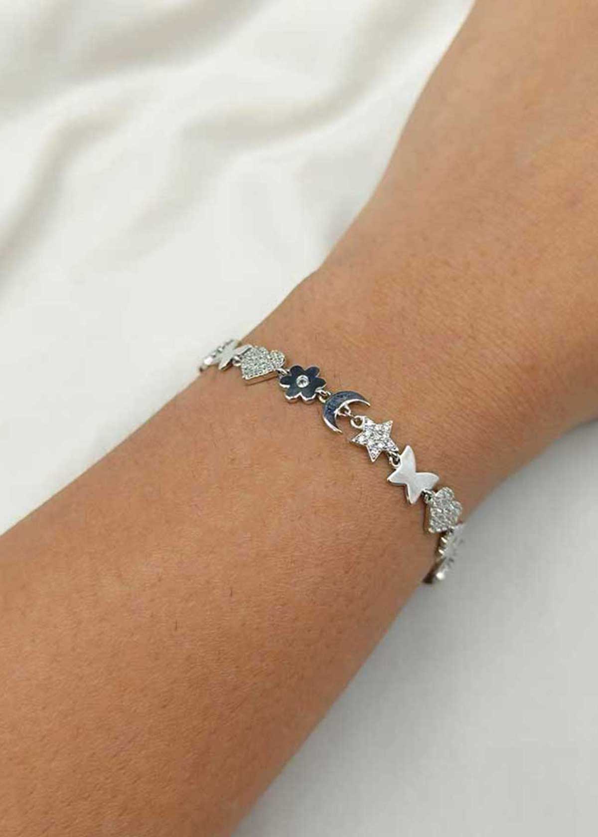 92.5 Sterling Silver Shimmering Cubic Zircon Multi Charm Adjustable Loose Bracelet