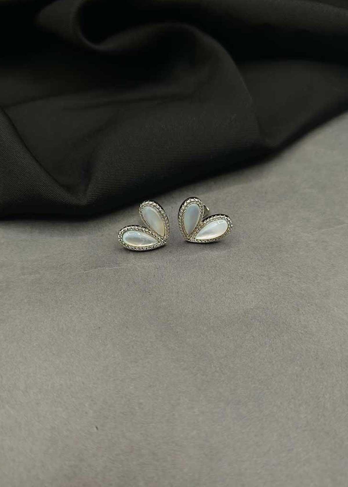 92.5 Sterling Silver Mother Of Pearl And Cubic Zircon Wing Style Stud Earrings