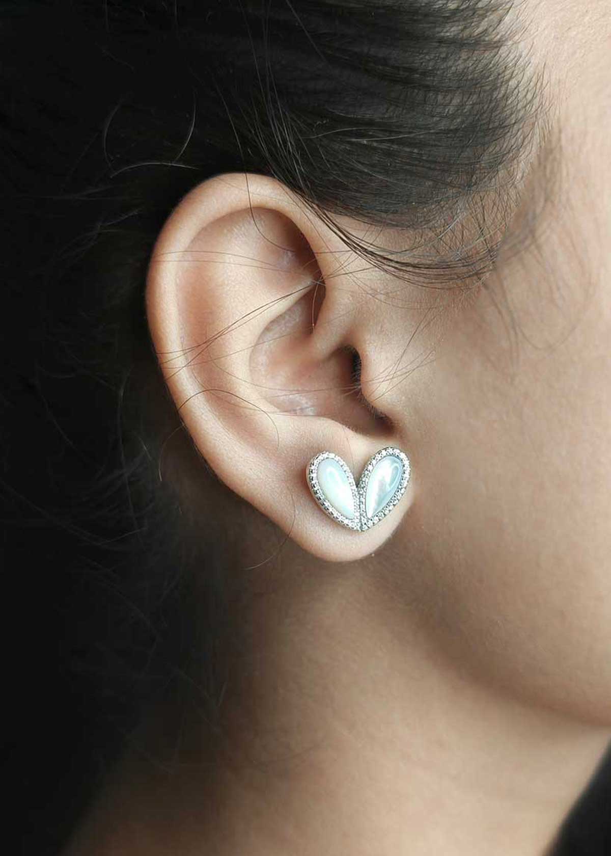 92.5 Sterling Silver Mother Of Pearl And Cubic Zircon Wing Style Stud Earrings