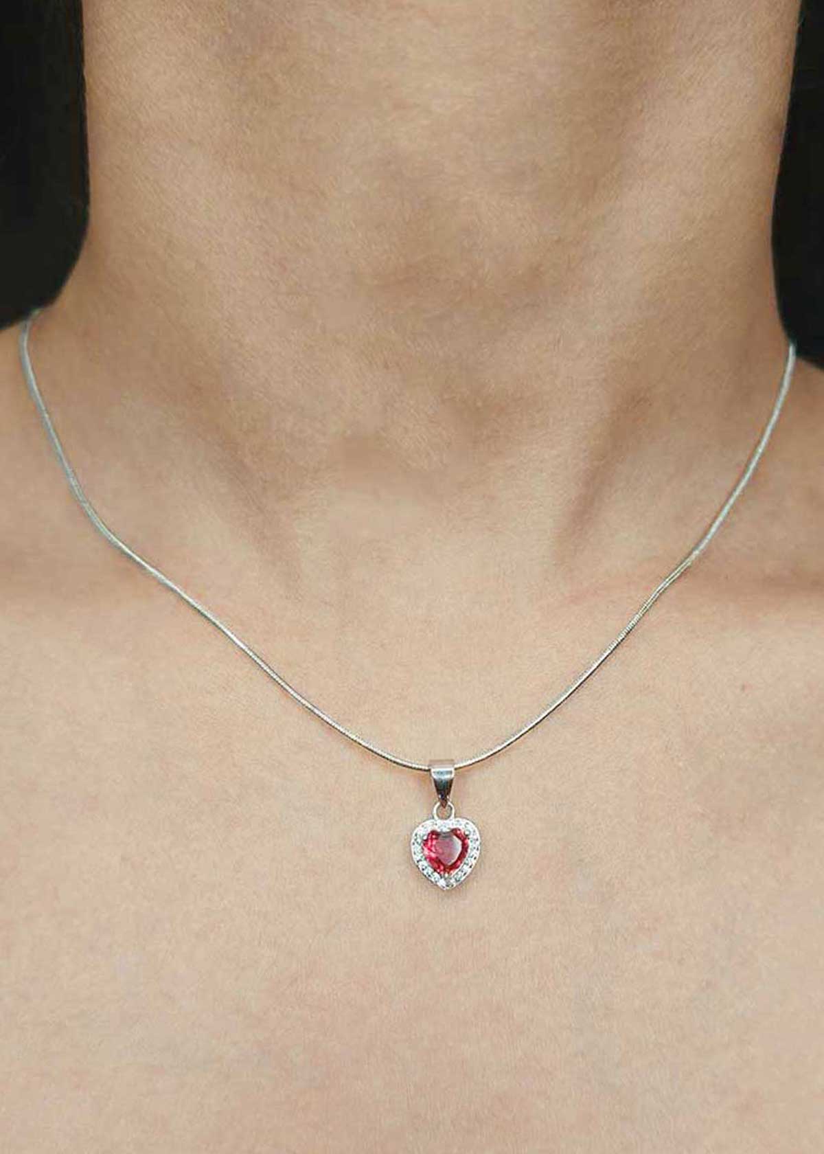92.5 Sterling Silver Cubic Zircon Ruby And Black Onyx Delicate Heart Pendant Set