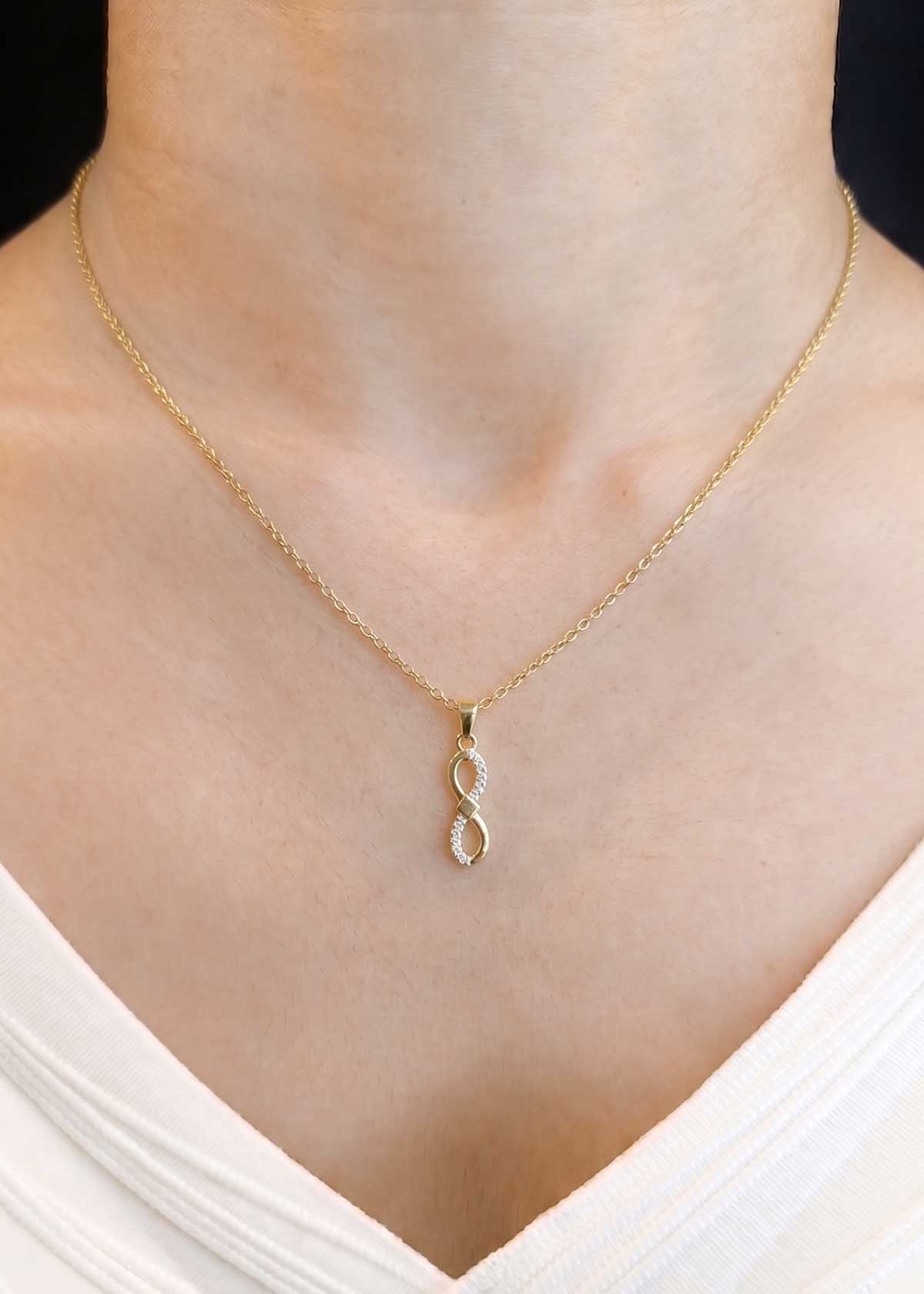 92.5 Sterling Silver Gold Plated Cubic Zircon Infinity Symbol Delicate Pendant Set With Adjustable Chain