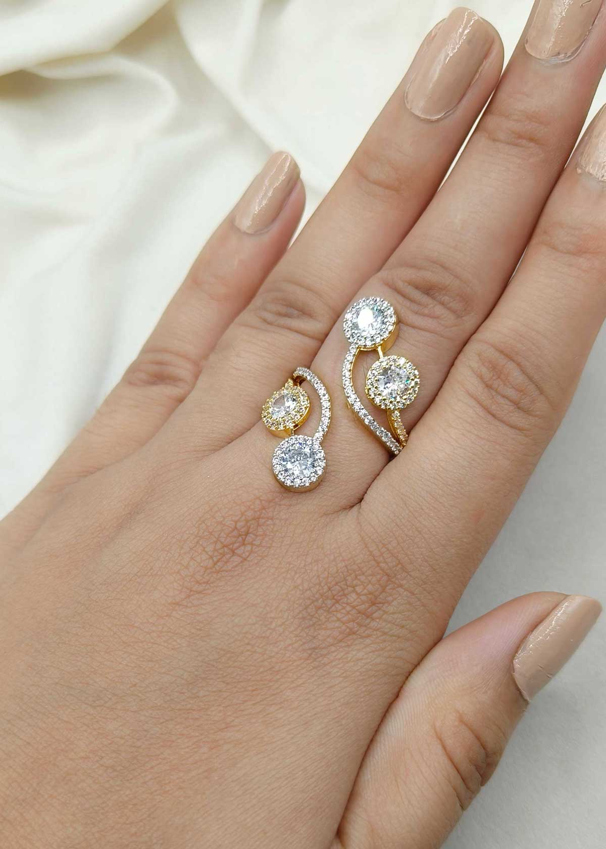 Dual Tone Cubic Zircon Wrap Style Adjustable Finger Ring For Women