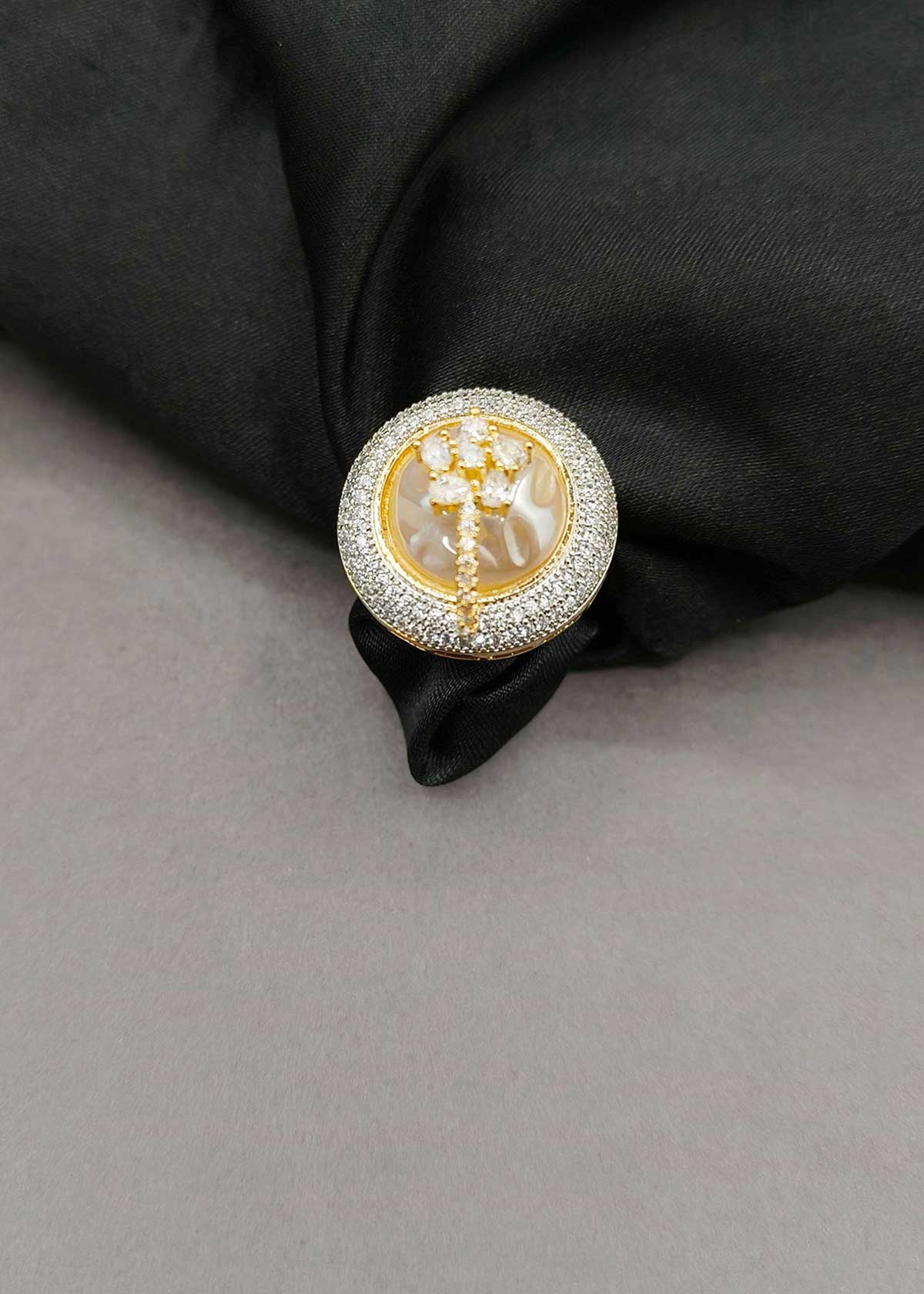 Two Tone Mother Of Pearl And Cubic Zircon Adjustable Statement Finger Ring For Women