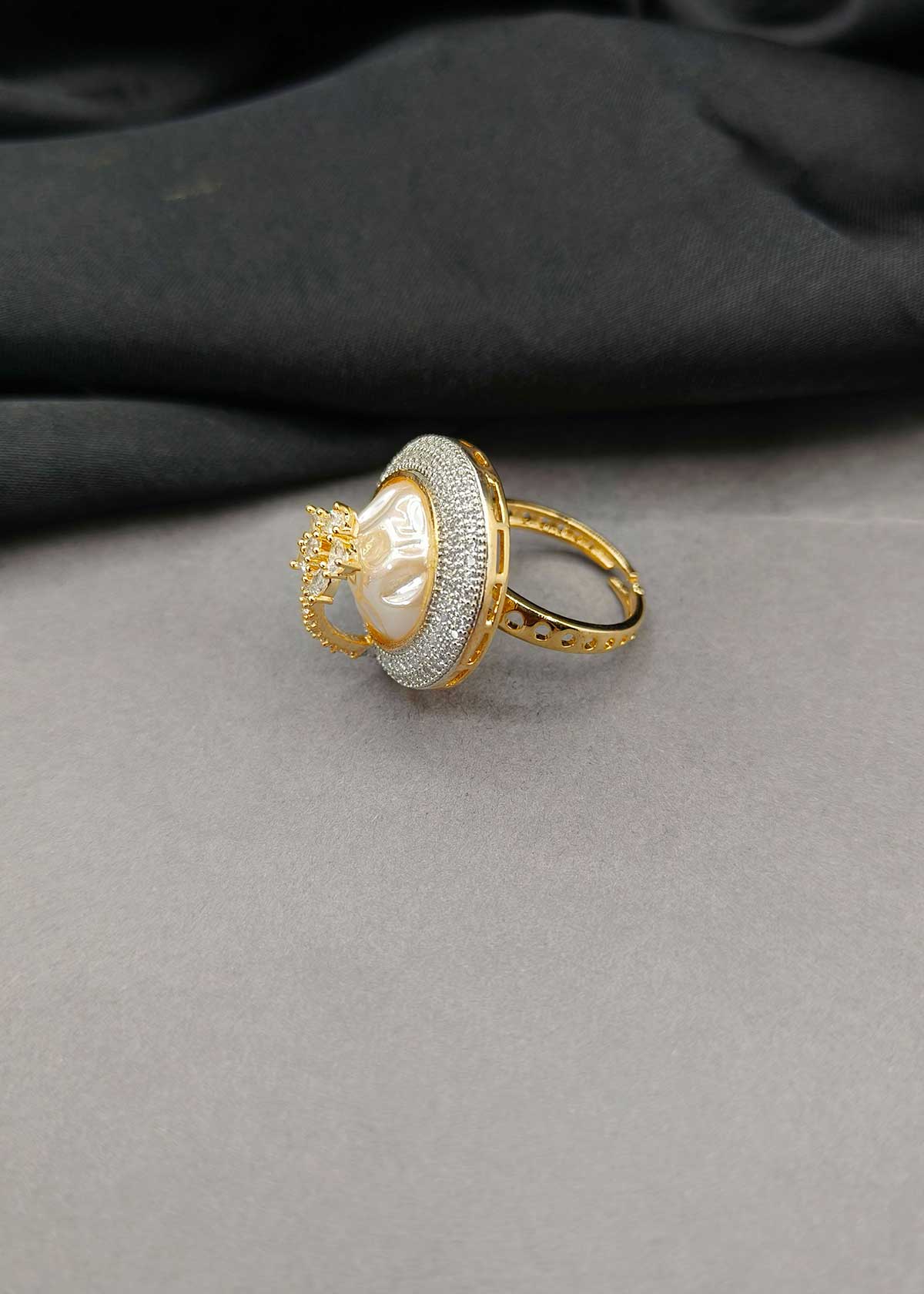 Two Tone Mother Of Pearl And Cubic Zircon Adjustable Statement Finger Ring For Women