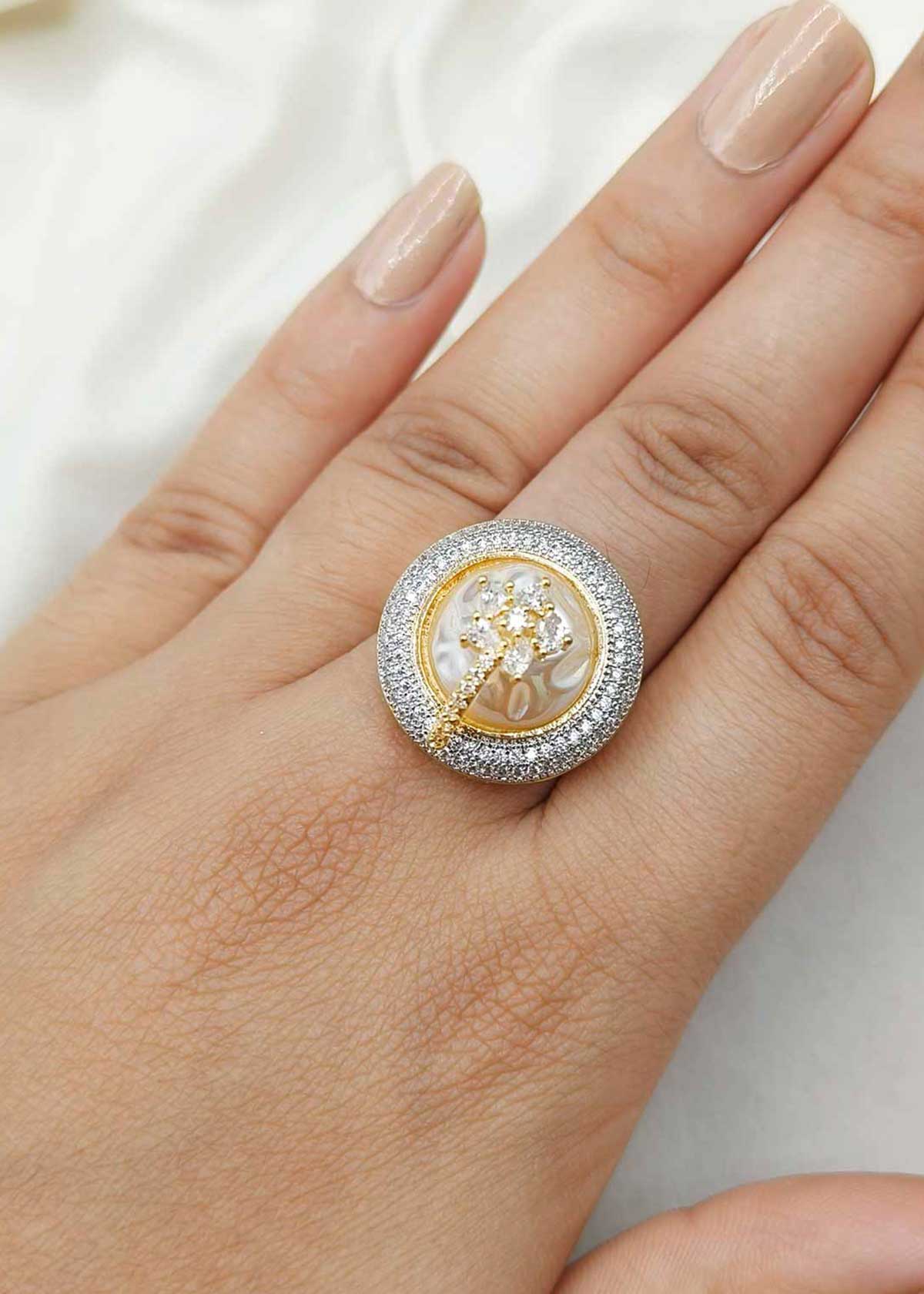 Two Tone Mother Of Pearl And Cubic Zircon Adjustable Statement Finger Ring For Women