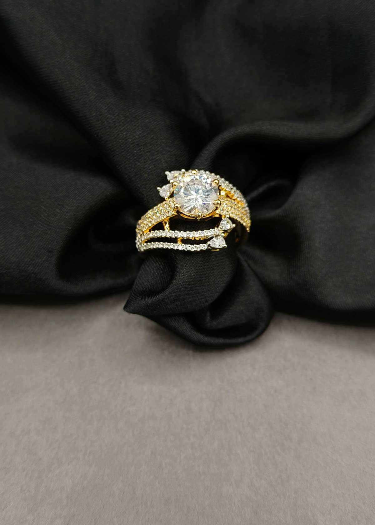 Two Tone Cubic Zircon Multi Layer Adjustable Statement Finger Ring For Women