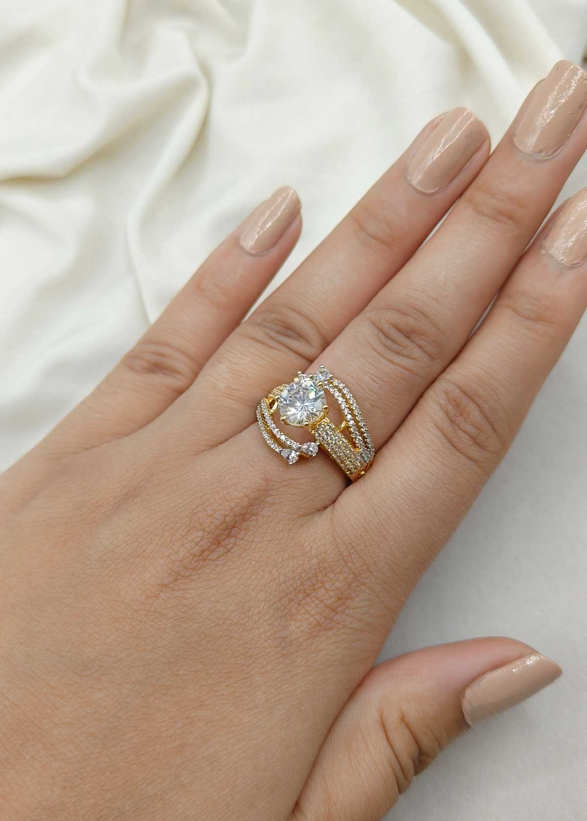 Two Tone Cubic Zircon Multi Layer Adjustable Statement Finger Ring For Women