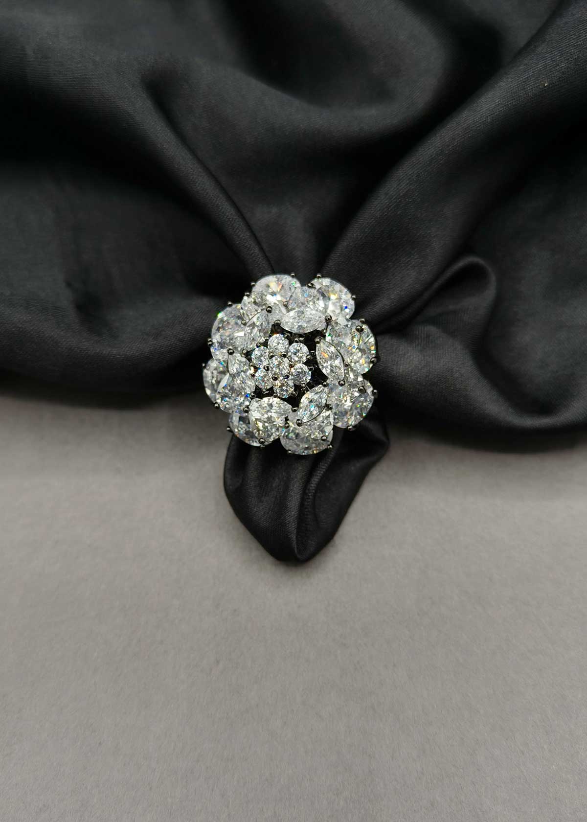 Marquise Cubic Zircon Rotating Floral In Vintage Victorian Black Polish Adjustable Finger Ring