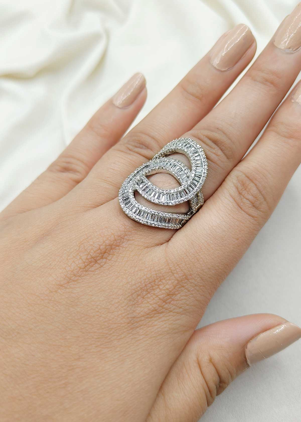 Victorian Black Polish Vintage Inspired Intertwining Baguette And Cubic Zircon Adjustable Finger Ring