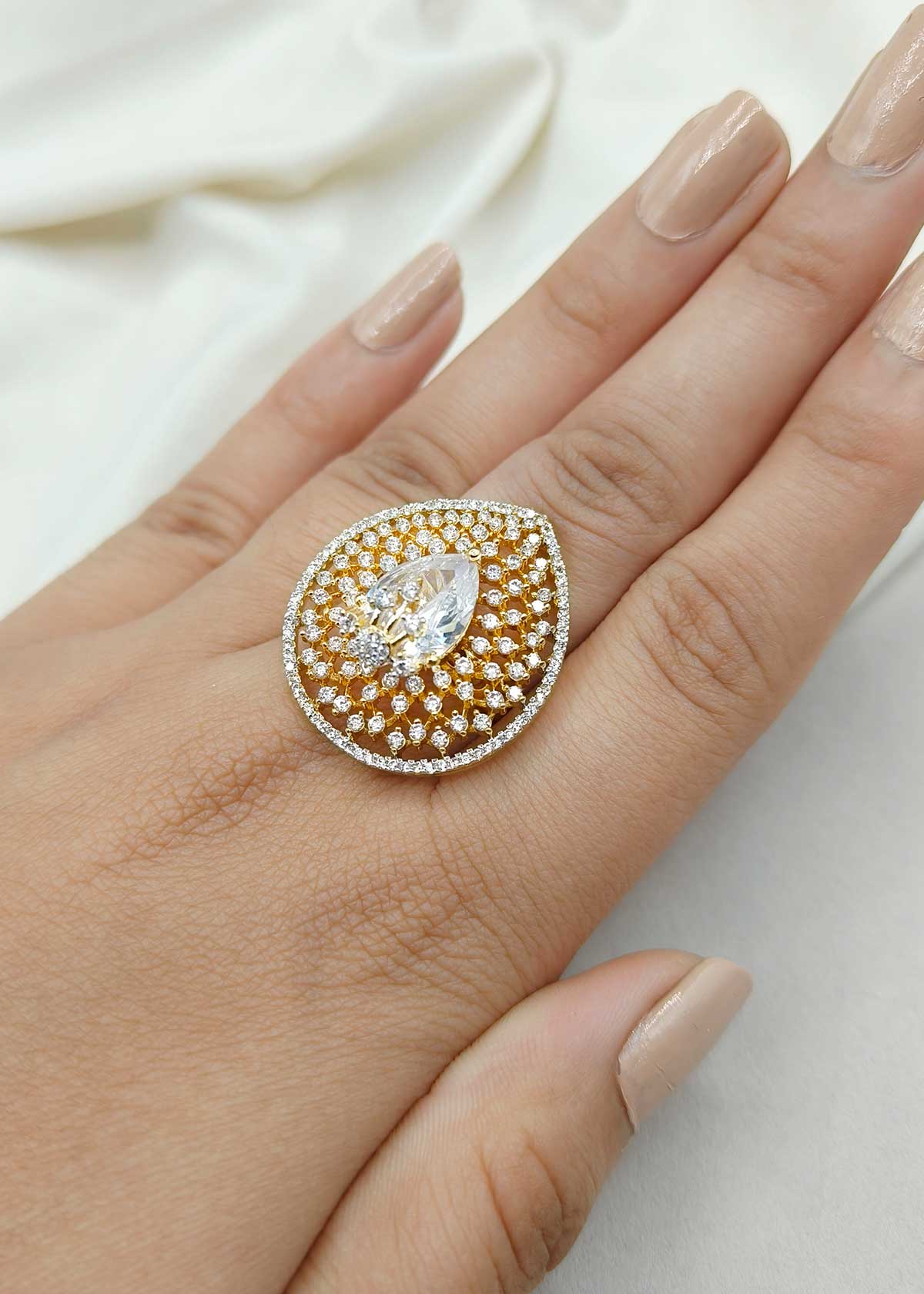 Luxury Two Tone Tear Drop Cut Cubic Zircon Big Statement Adjustable Finger Ring