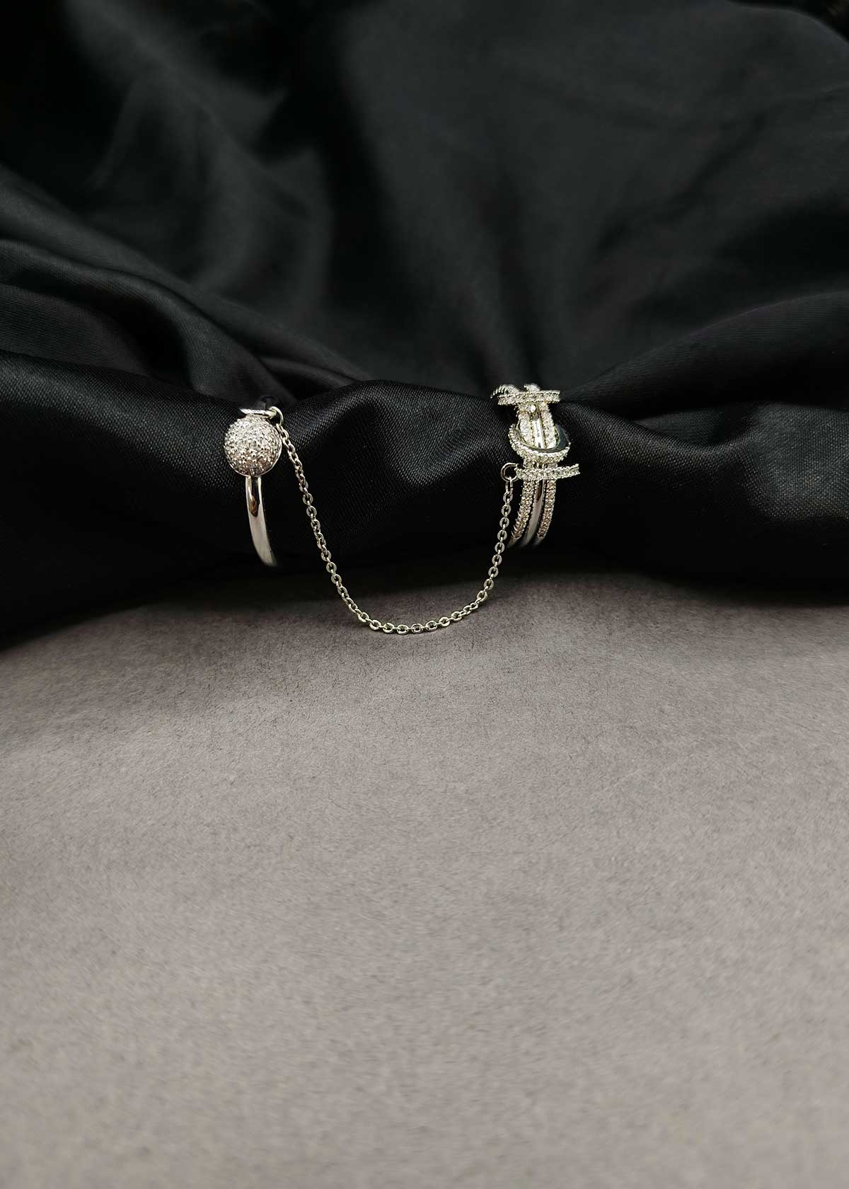 Fancy Two Finger Linked Chain Silver Plated Cubic Zircon Adjustable Finger Ring