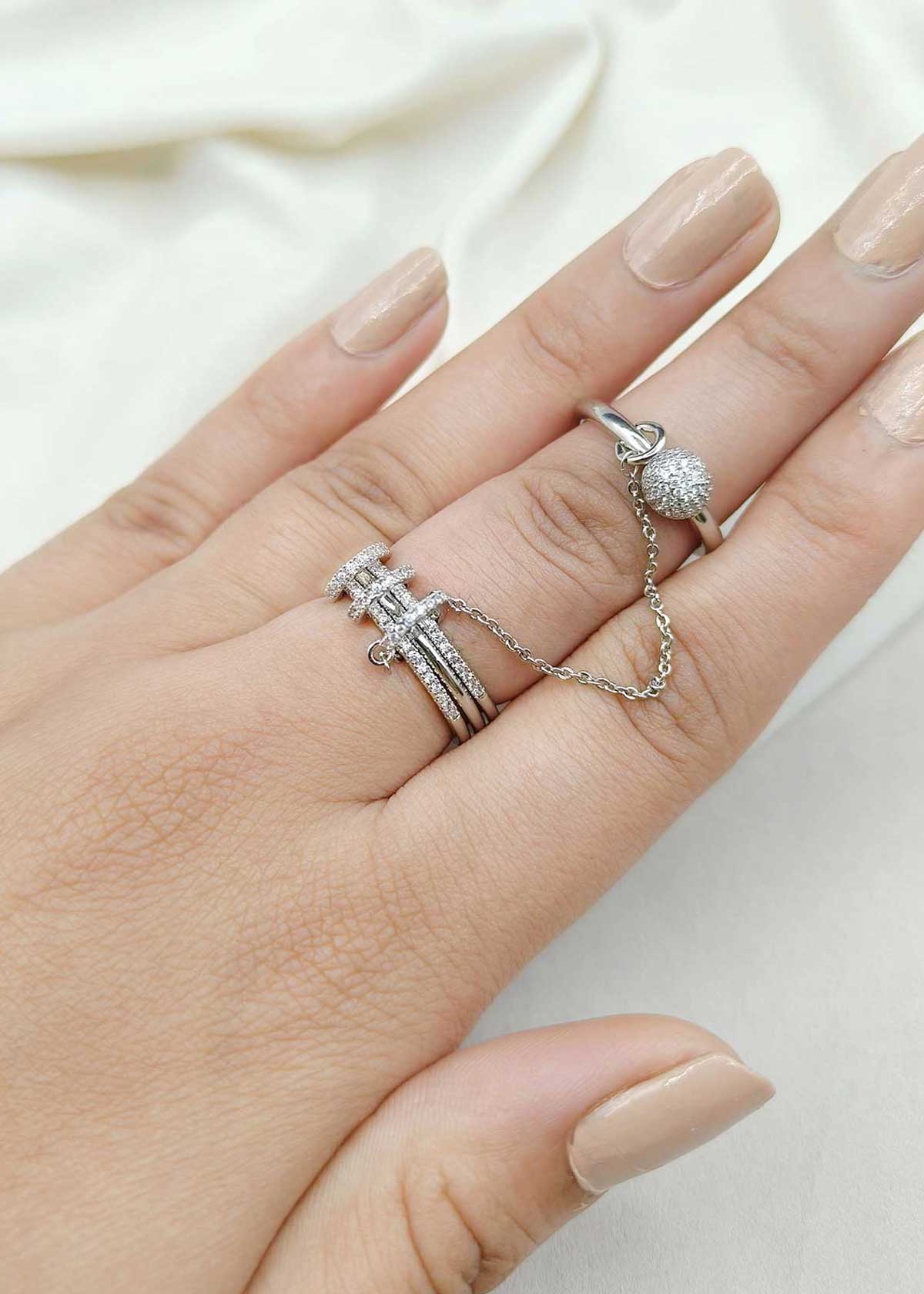 Fancy Two Finger Linked Chain Silver Plated Cubic Zircon Adjustable Finger Ring