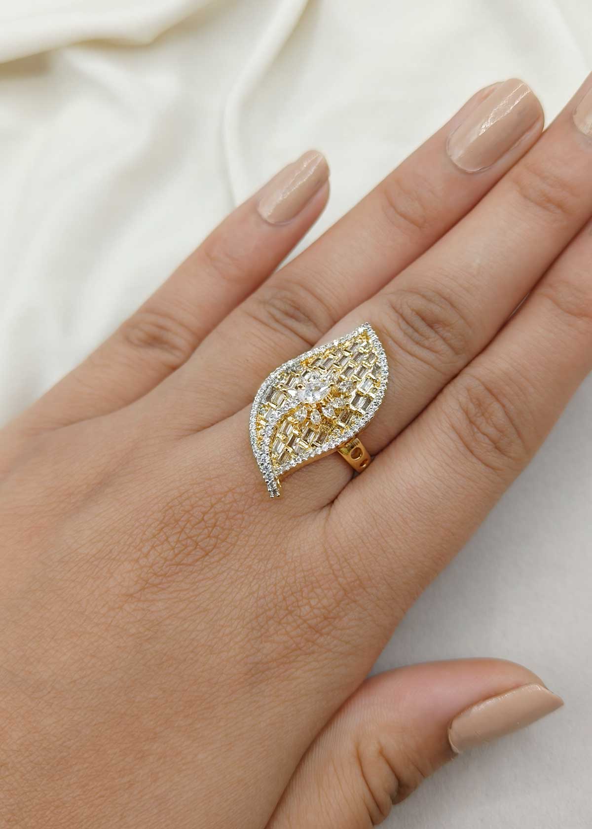 Elegant Dual Tone Leaf Motif Marquise And Baguette Cubic Zircon Adjustable Finger Ring