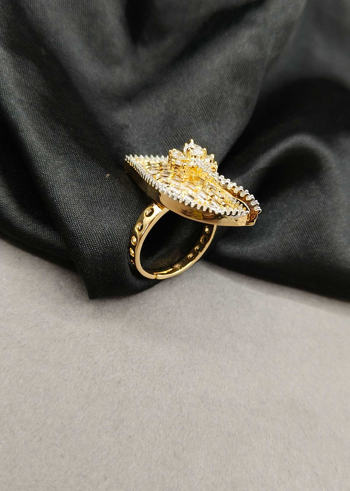 Elegant Dual Tone Leaf Motif Marquise And Baguette Cubic Zircon Adjustable Finger Ring