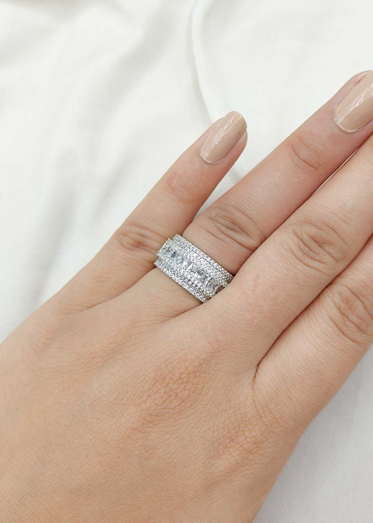 Sparkling Multi Row Cubic Zircon Silver Plated Adjustable Finger Ring For Women