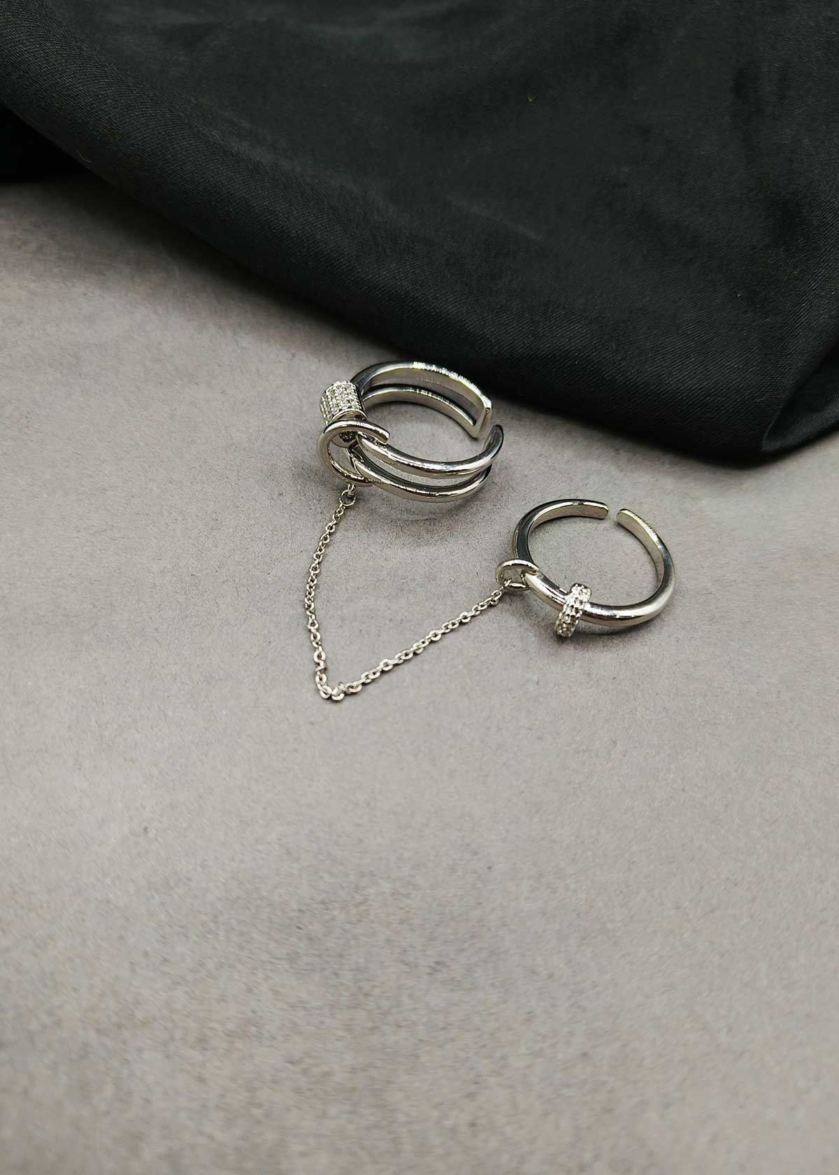 Fancy Two Finger Linked Chain Cubic Zircon Silver Plated Adjustable Finger Ring For Women