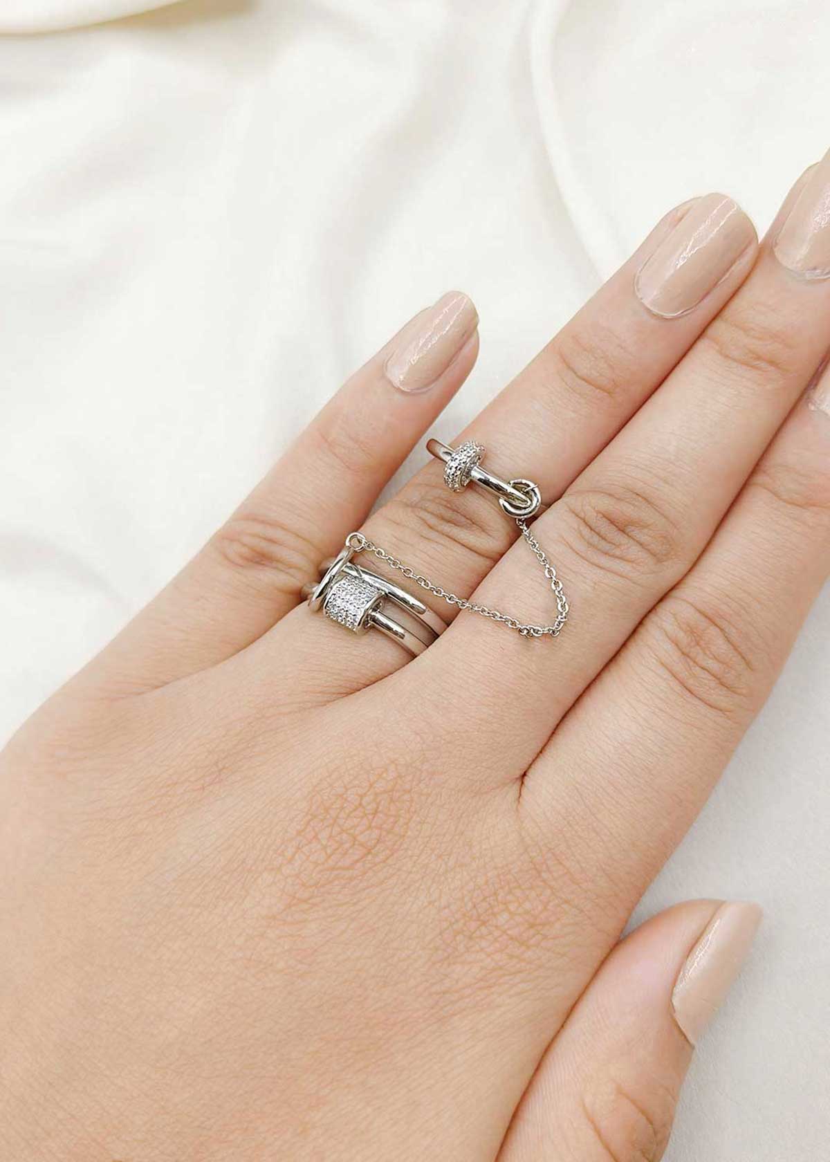Fancy Two Finger Linked Chain Cubic Zircon Silver Plated Adjustable Finger Ring For Women