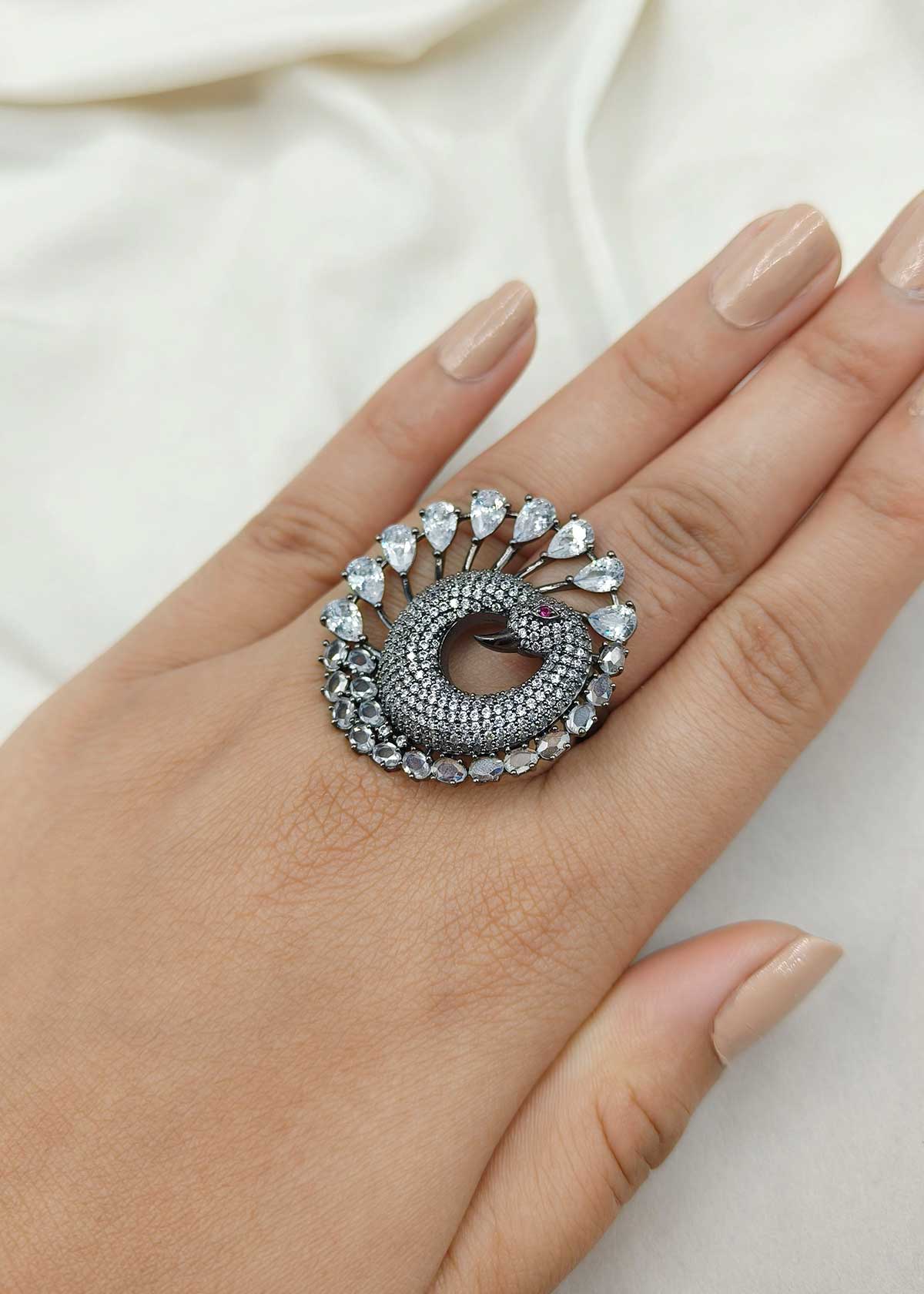 Victorian Black Polish Cubic Zircon Peacock Design Adjustable Finger Ring For Women