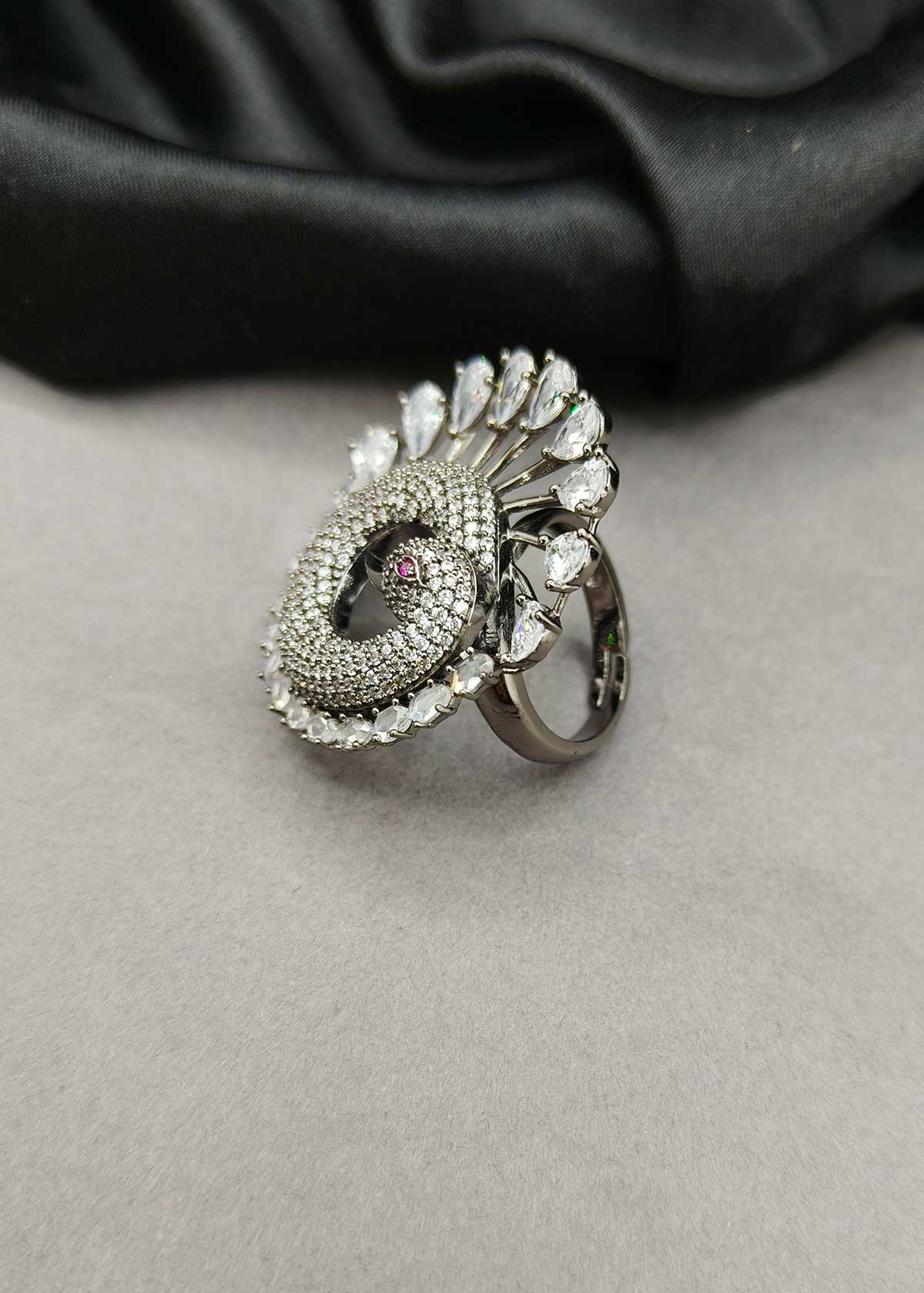 Victorian Black Polish Cubic Zircon Peacock Design Adjustable Finger Ring For Women