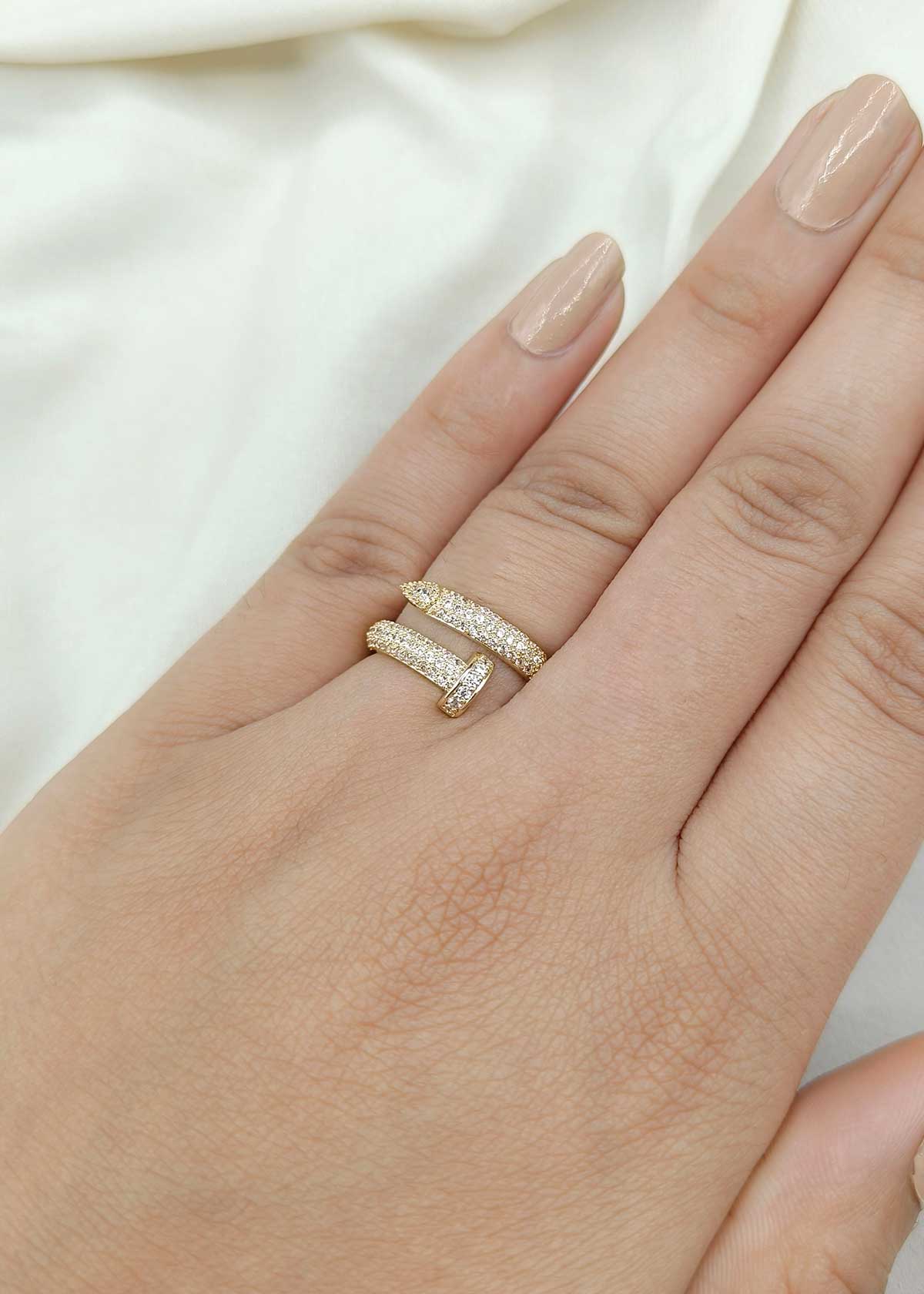 Stunning Gold Plated Cubic Zircon Modern Nail Design Wrap Style Adjustable Finger Ring