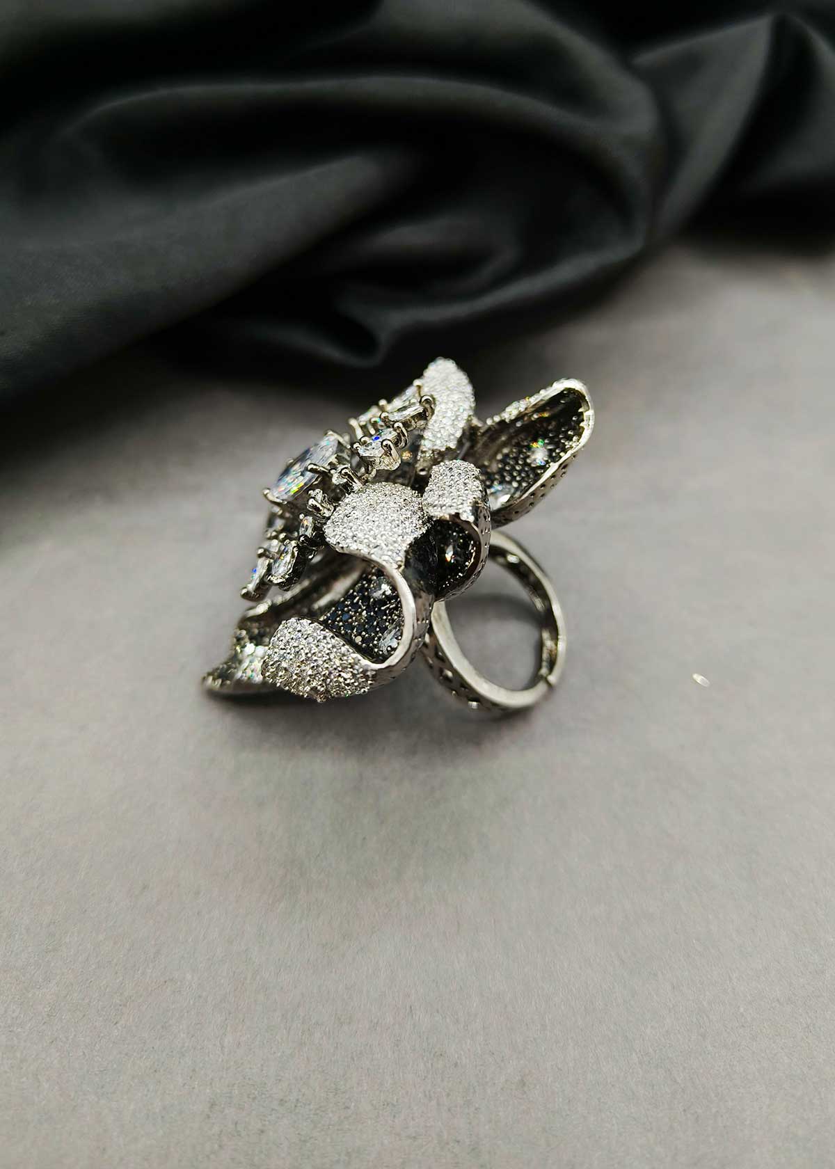 Vintage Inspired Victorian Black Polish Marquise Cubic Zircon Adjustable Big Flower Finger Ring