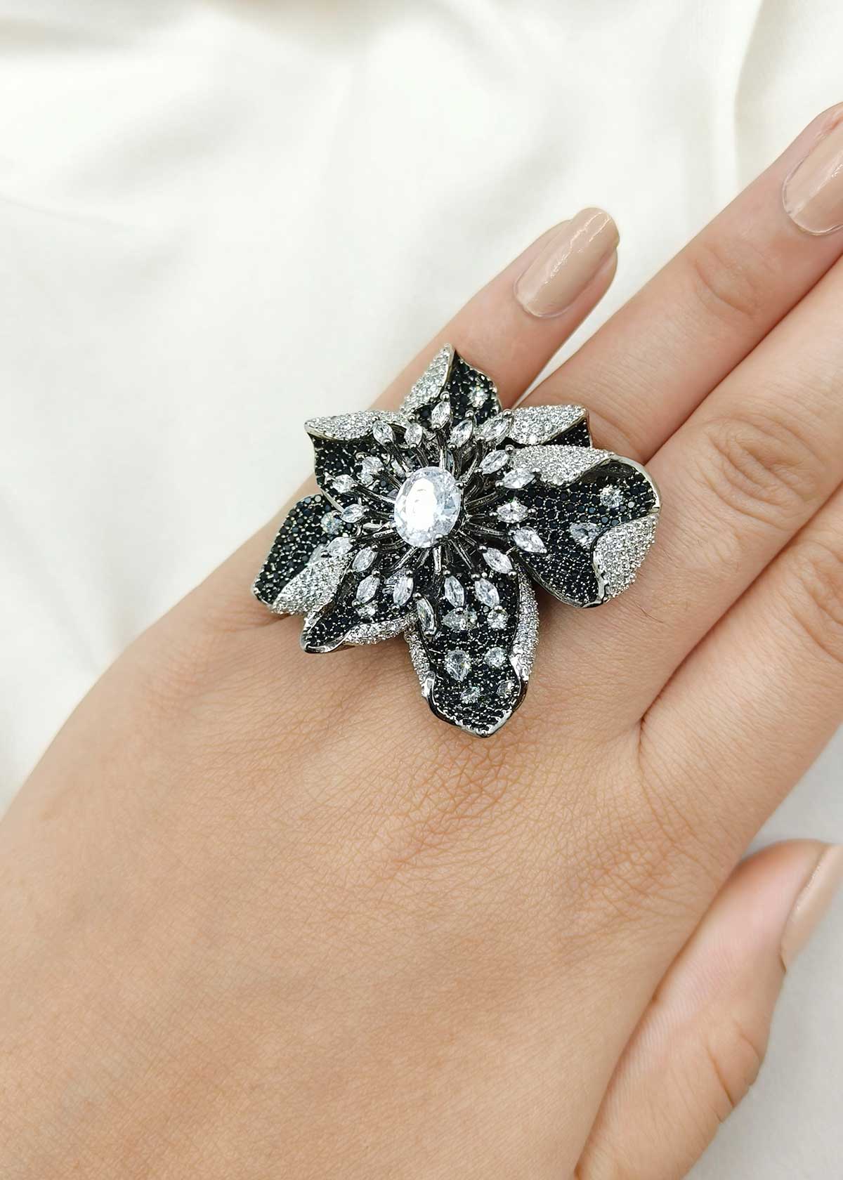 Vintage Inspired Victorian Black Polish Marquise Cubic Zircon Adjustable Big Flower Finger Ring