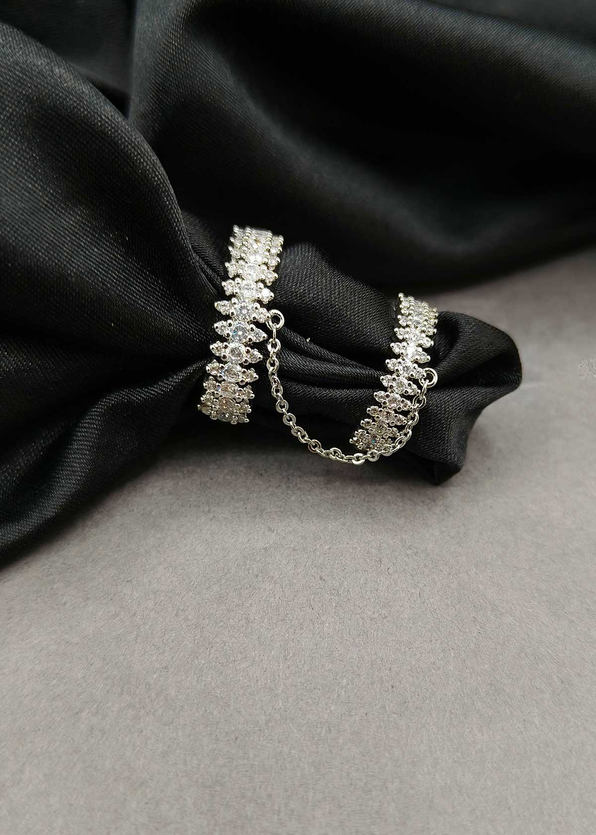 Modern Style Silver Plated Cubic Zircon Adjustable Double Band Chain Ring