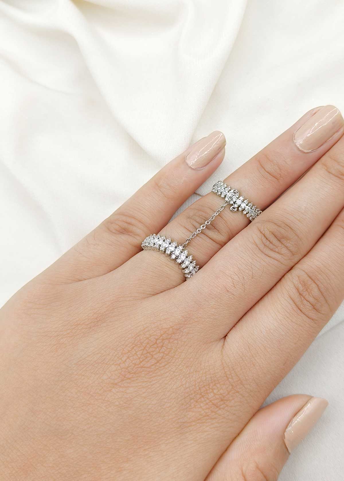 Modern Style Silver Plated Cubic Zircon Adjustable Double Band Chain Ring