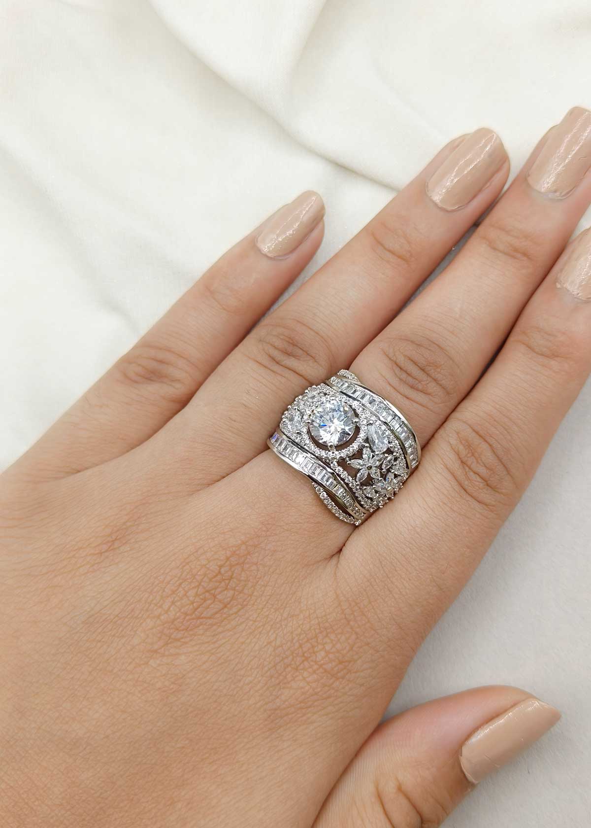 Stunning Silver Plated Baguette And Marquise Cubic Zircon Adjustable Big Finger Ring