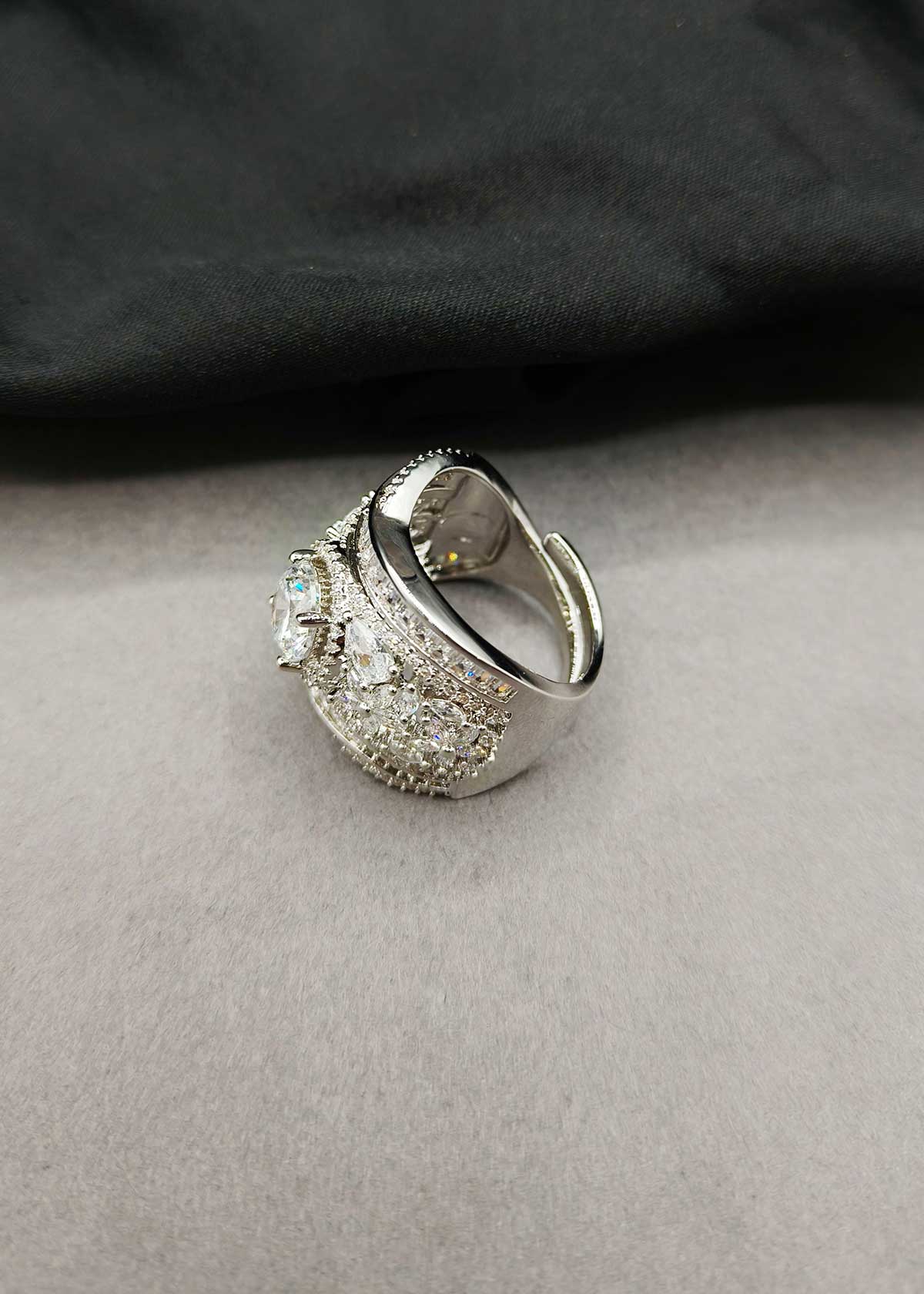 Stunning Silver Plated Baguette And Marquise Cubic Zircon Adjustable Big Finger Ring