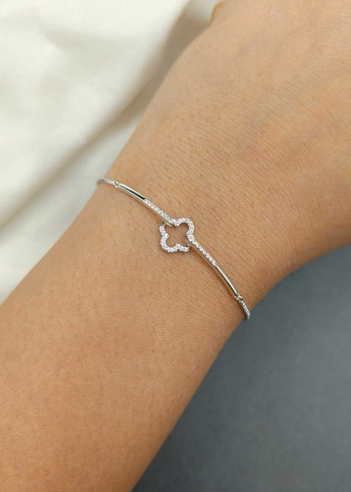 92.5 Sterling Silver Clover Charm Cubic Zircon Adjustable Loose Bracelet