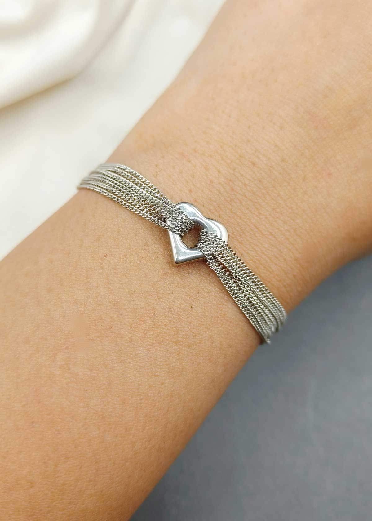 92.5 Sterling Silver Multi Strand Heart Adjustable Loose Bracelet