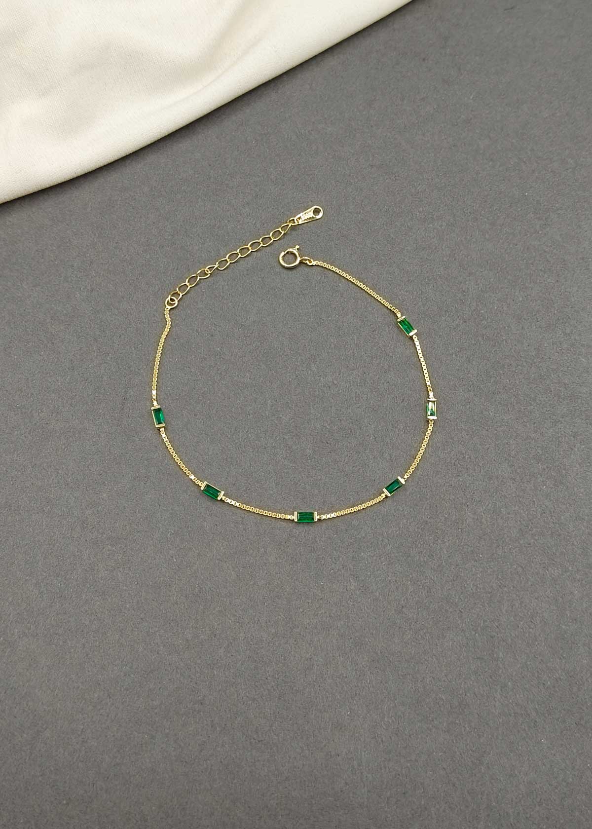 92.5 Sterling Silver Gold And Silver Plated Green Baguette Delicate Adjustable Loose Bracelet