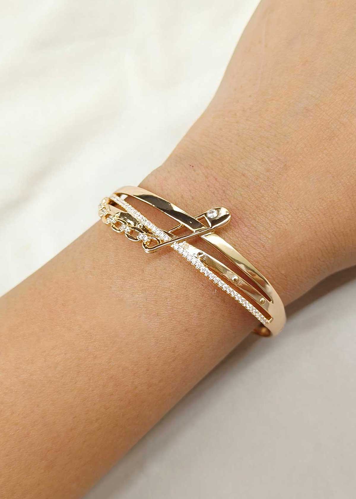 Luxurious Carat Polish Layered Cubic Zircon Openable Kada With Safety Pin And Chain Motif