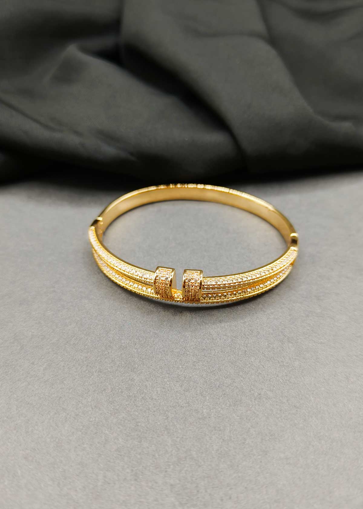 Dual Band Design Gold Plated Cubic Zircon Openable Kada For Women