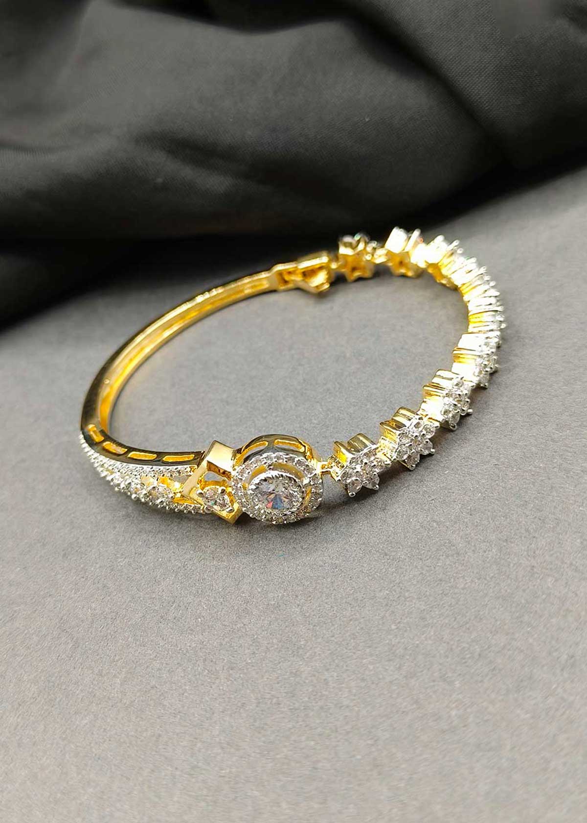 Stunning Star Shaped Floral Design Cubic Zircon Gold And Silver Plated Openable Kada