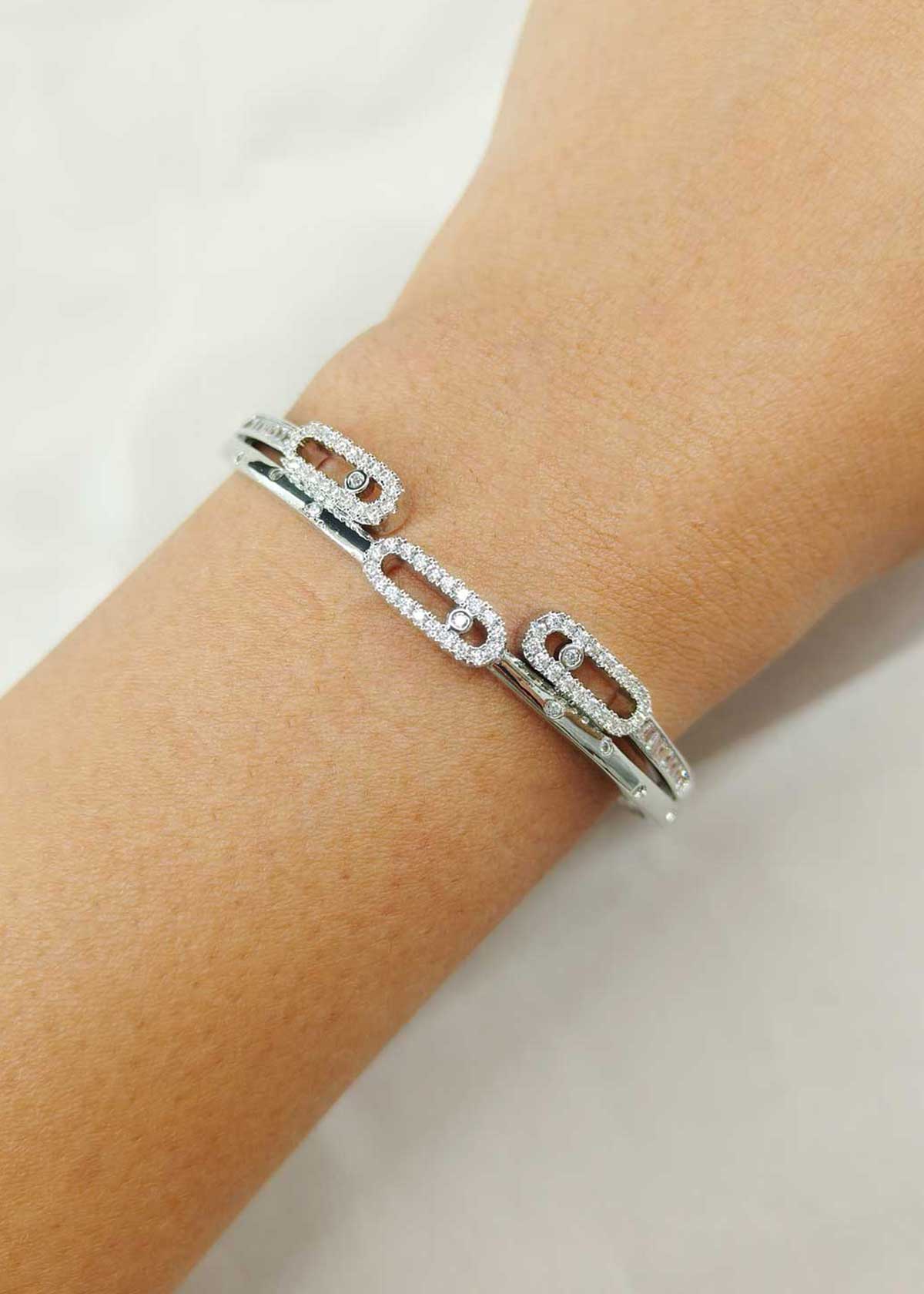 Modern Triple Link Design Gold And Silver Plated Cubic Zircon Openable Kada For Women