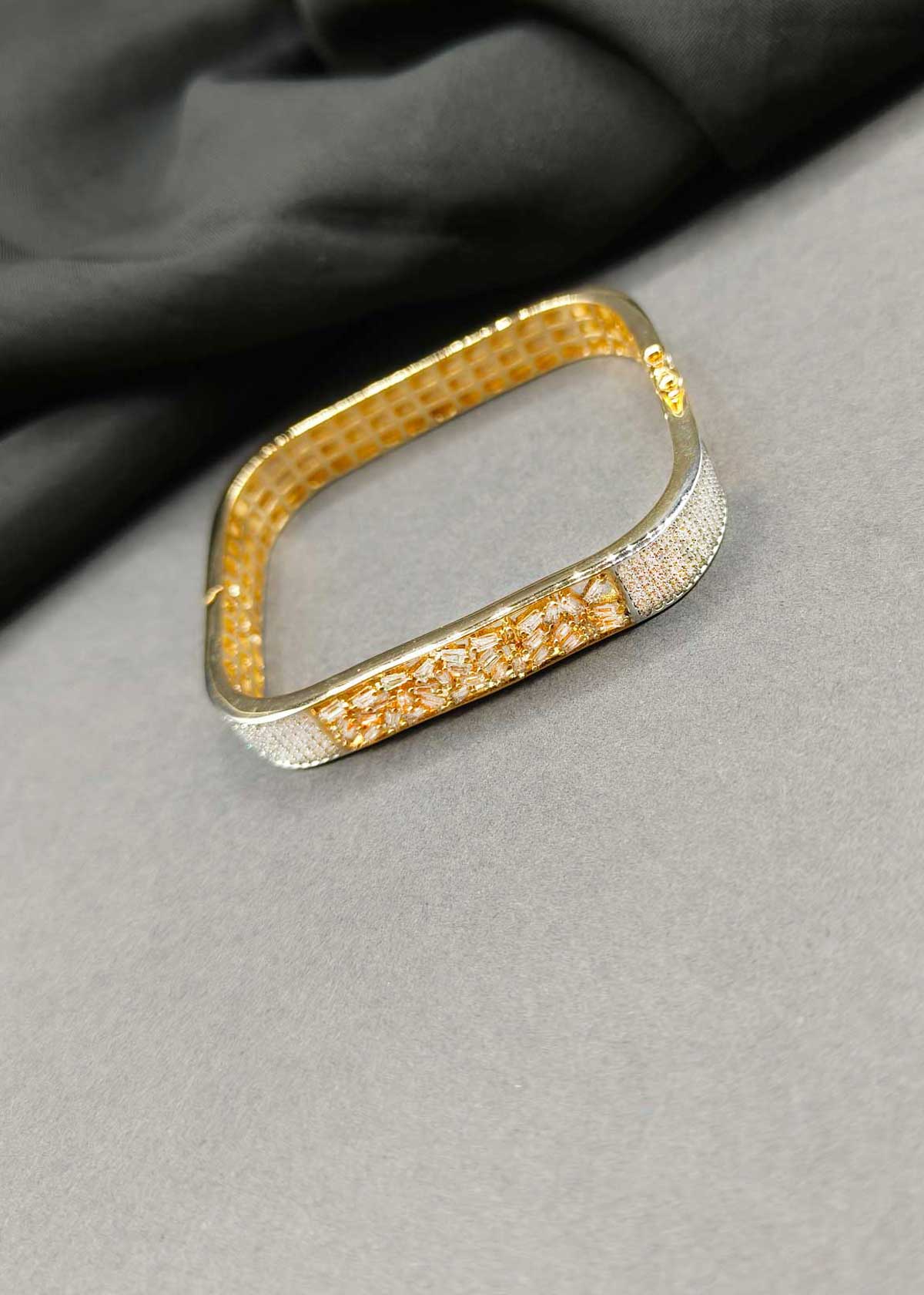 Dual Tone Square Shape Baguette And Cubic Zircon Openable Kada For Women