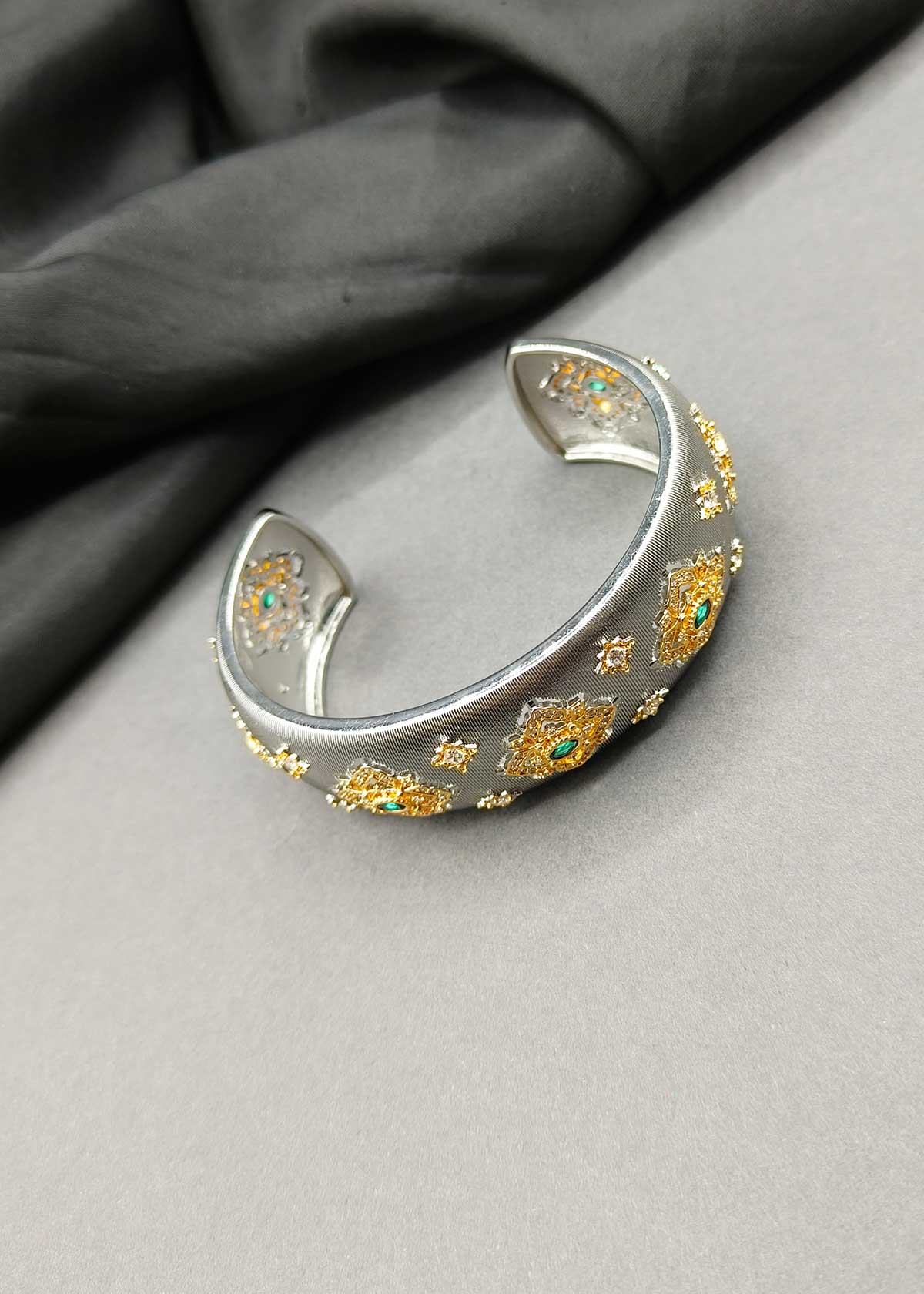 Gold And Silver Plated Cubic Zircon Openable Broad Kada For Women