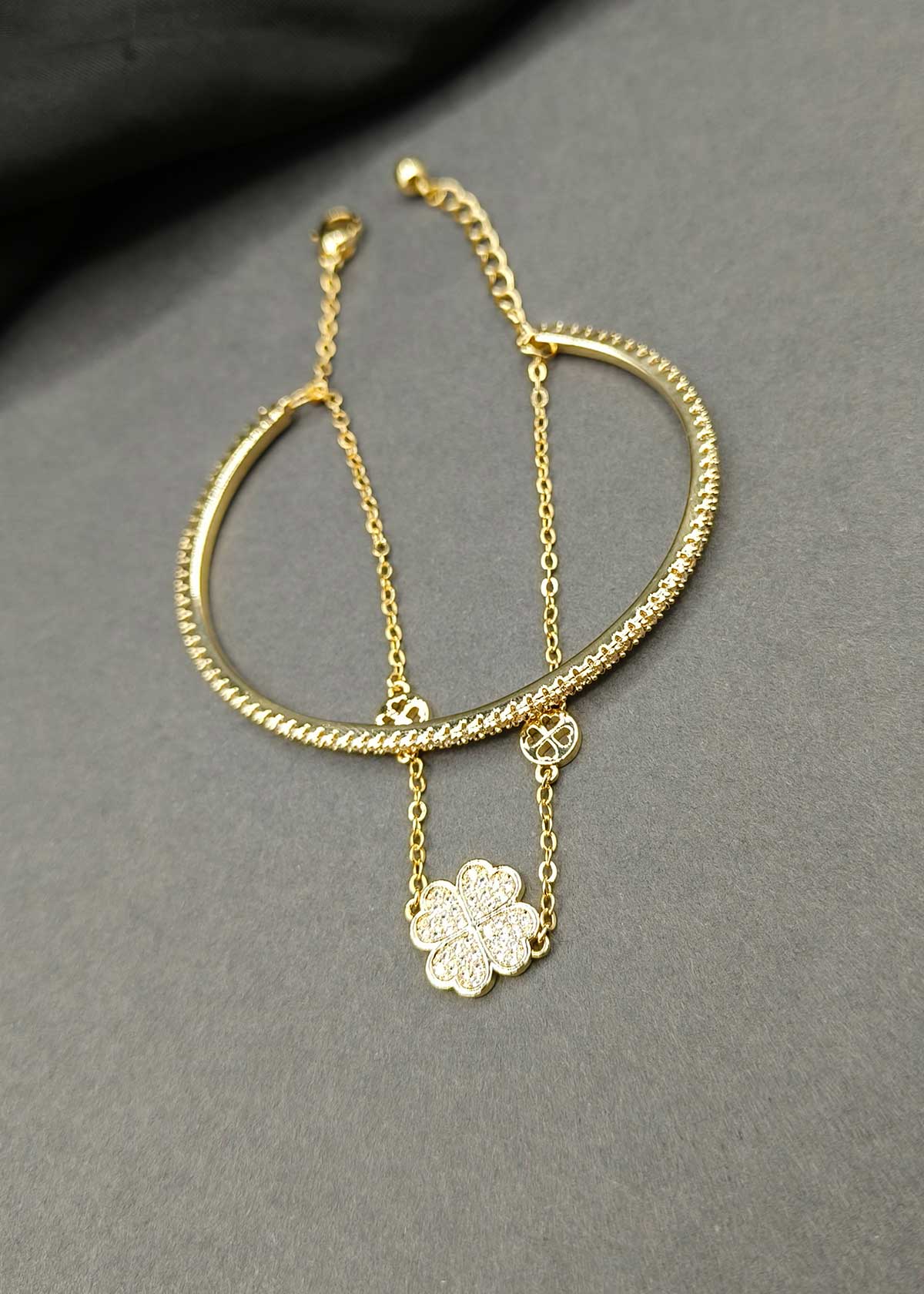 Elegant Gold And Silver Plated Four Leaf Clover Cubic Zircon Dual Layer Kada Bracelet