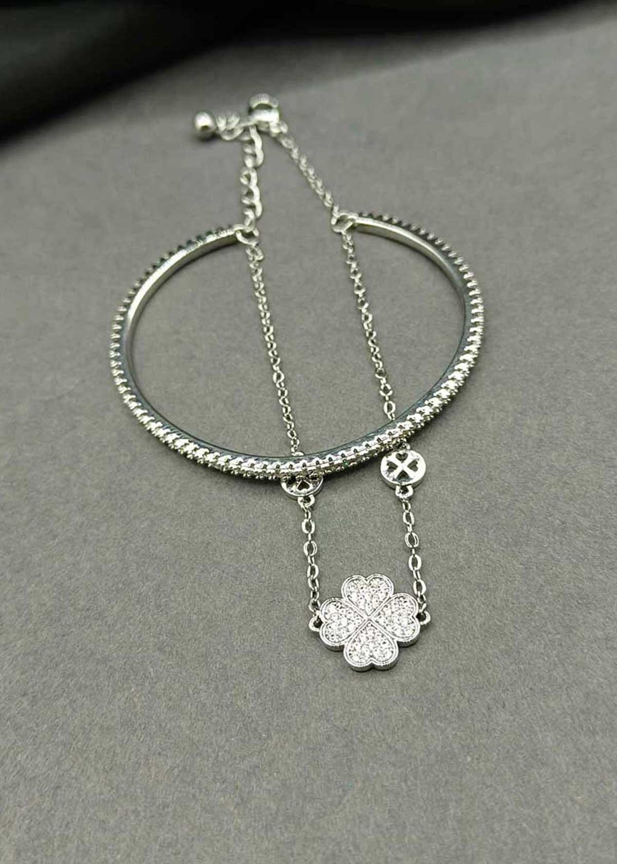 Elegant Gold And Silver Plated Four Leaf Clover Cubic Zircon Dual Layer Kada Bracelet