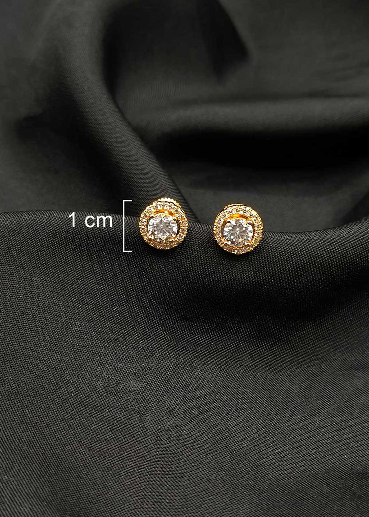 Classic Round Solitaire Studs With Shimmering Cubic Zircon Border Gold Plated Small Stud Earrings
