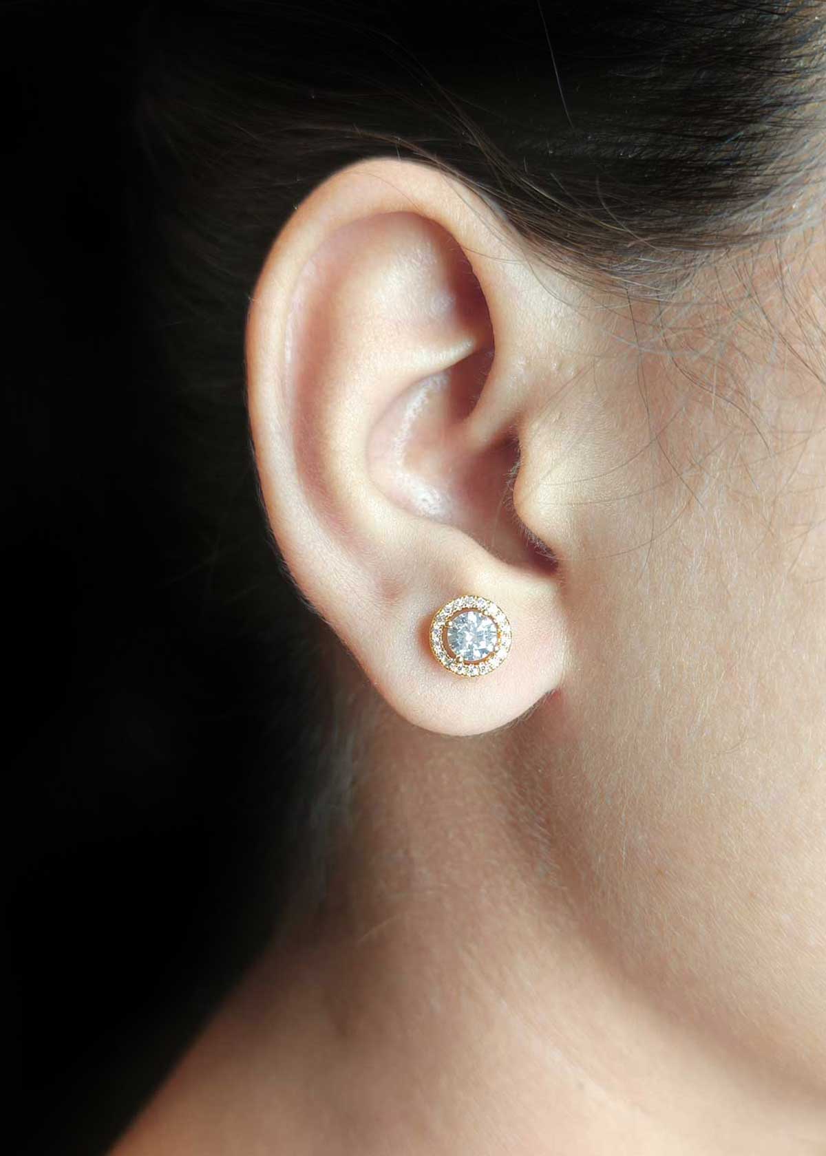 Classic Round Solitaire Studs With Shimmering Cubic Zircon Border Gold Plated Small Stud Earrings