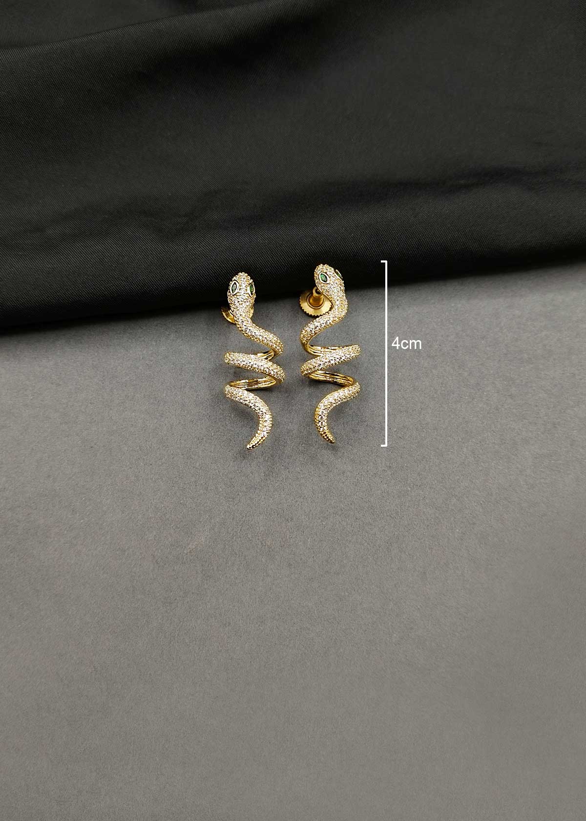 Green Eyed Snake Motif Cubic Zircon Gold Plated Stud Earrings