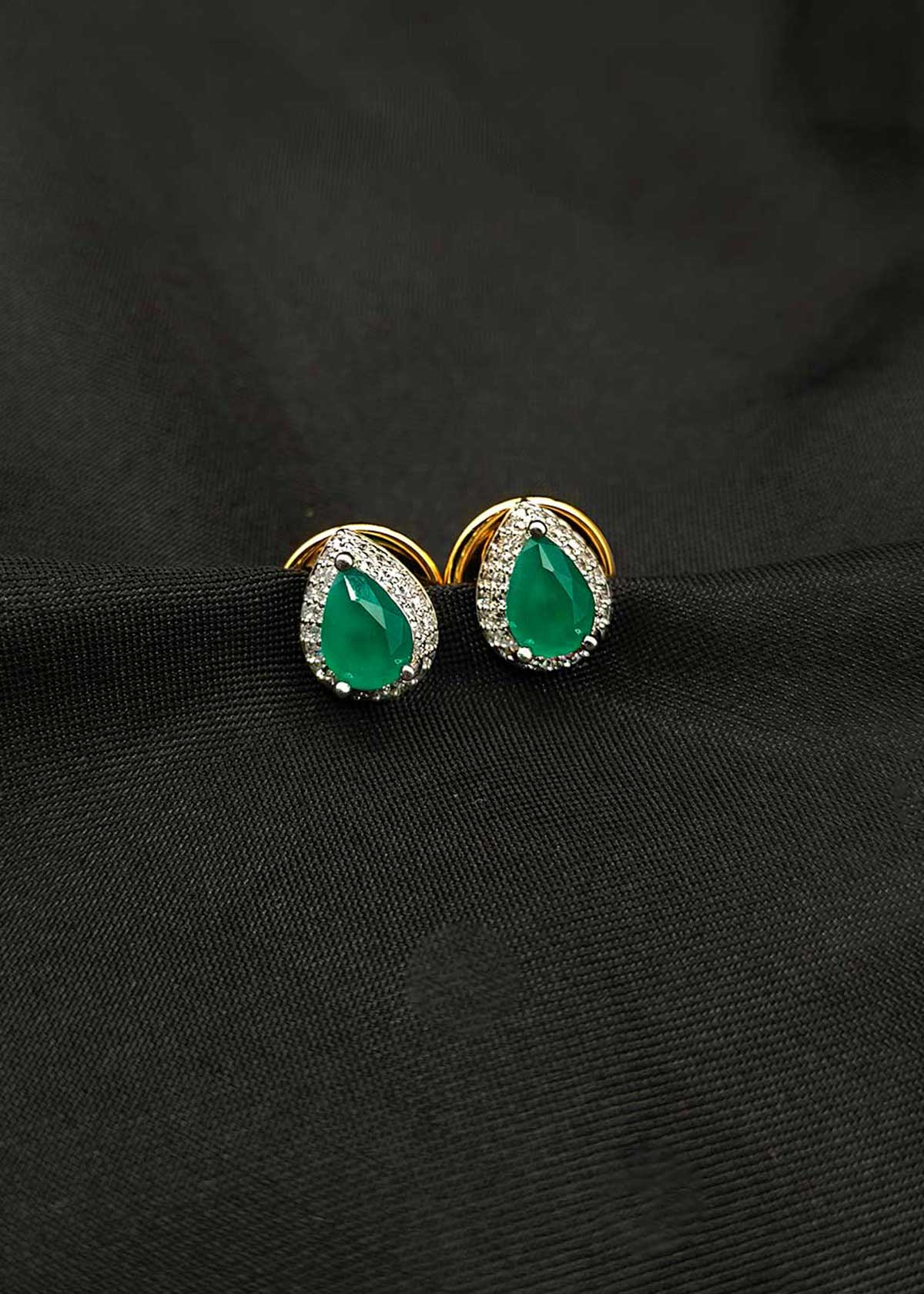 Drop Shape Emerald And Cubic Zircon Silver Plated Small Stud Earrings