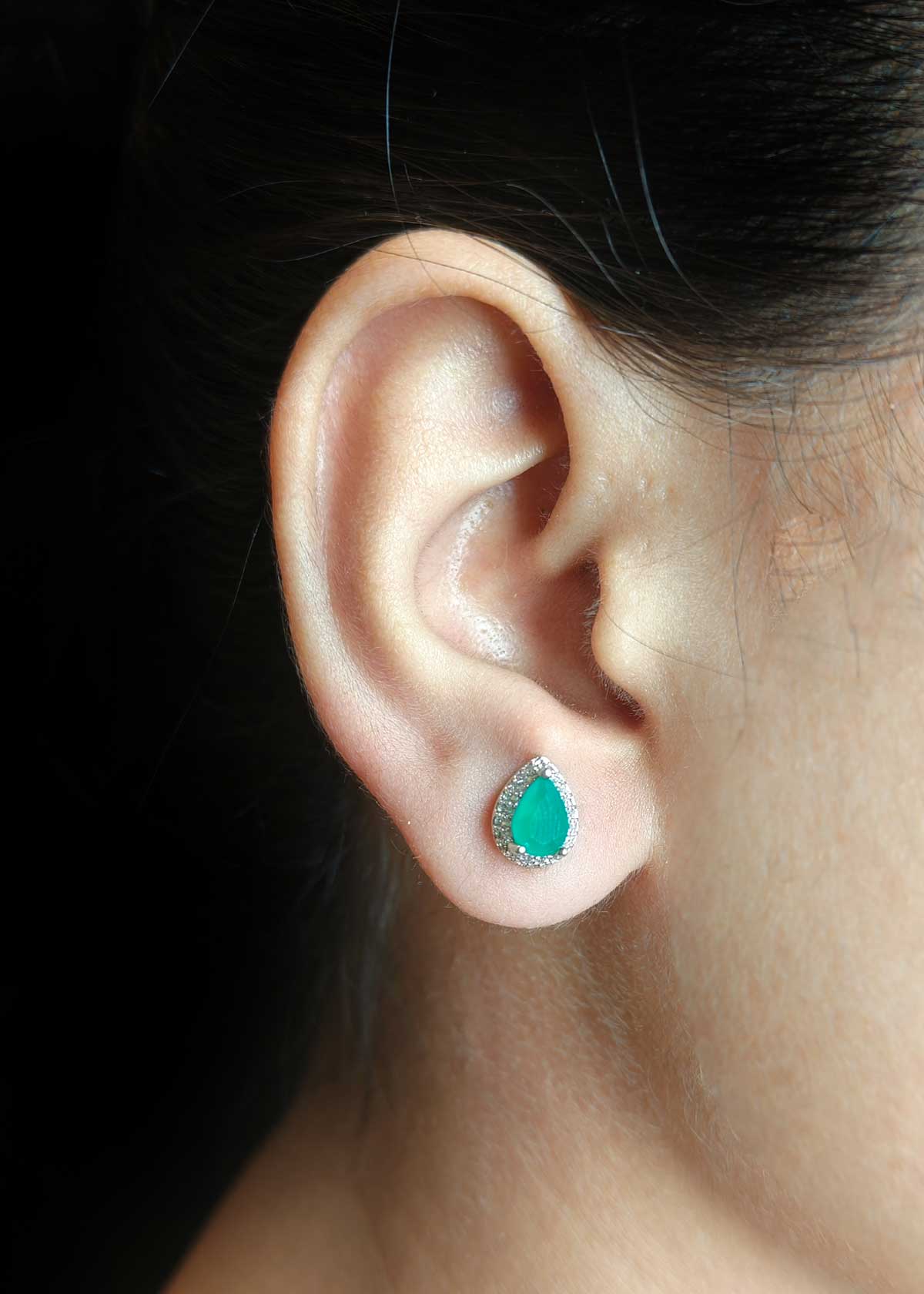 Drop Shape Emerald And Cubic Zircon Silver Plated Small Stud Earrings