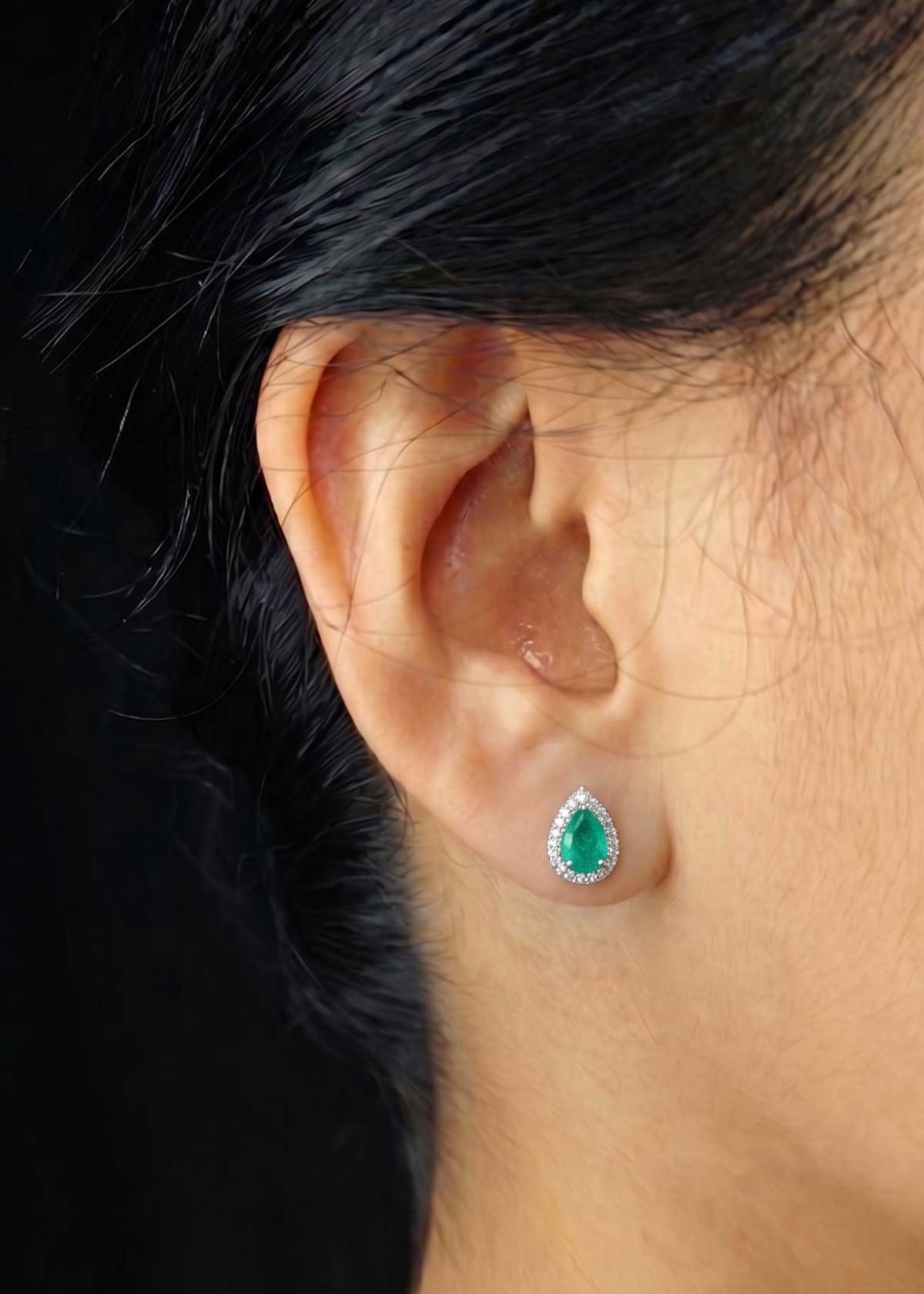 Drop Shape Emerald And Cubic Zircon Silver Plated Small Stud Earrings