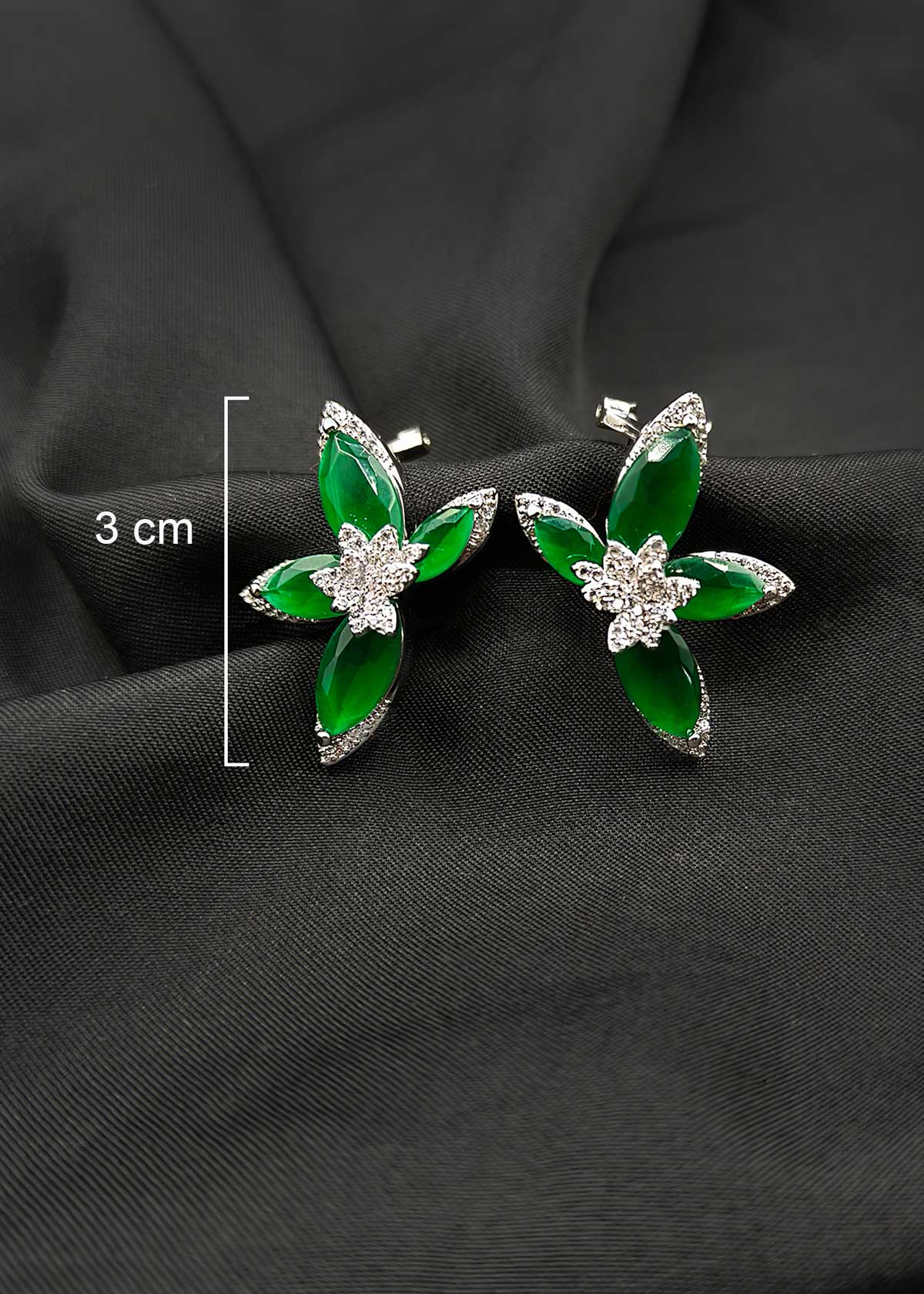 Floral Inspired Emerald And Ruby With Cubic Zircon Border Silver Plated Stud Earring